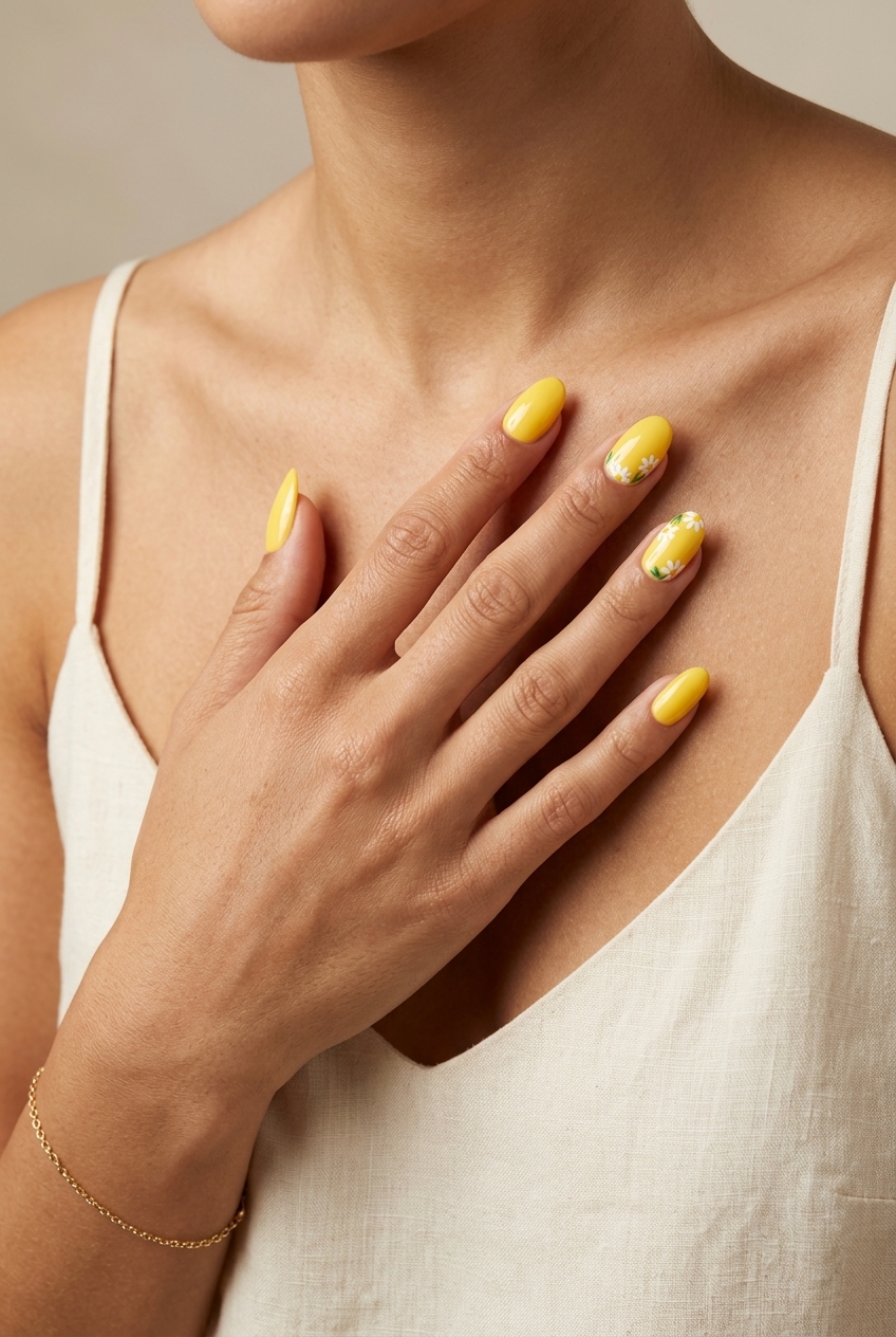 Yellow Summer Nails 2026: Daisy Decals Yellow Daisy Decals for yellow summer nails 2026. Bright yellow with white daisy accents.