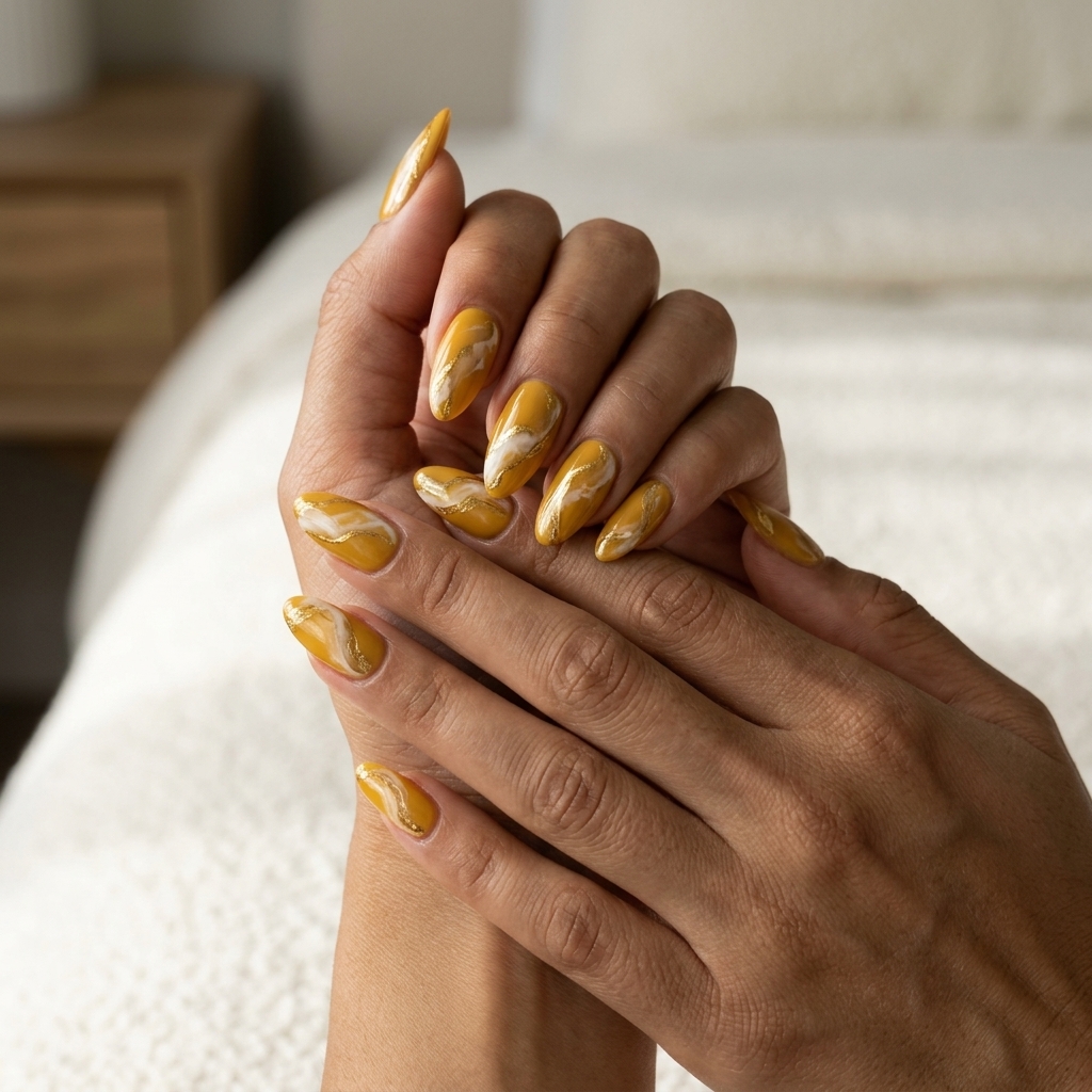 Yellow Summer Nails 2026: Golden Marble Golden Hour Marble Almonds for yellow summer nails 2026. Rich golden yellow with white & gold foil.