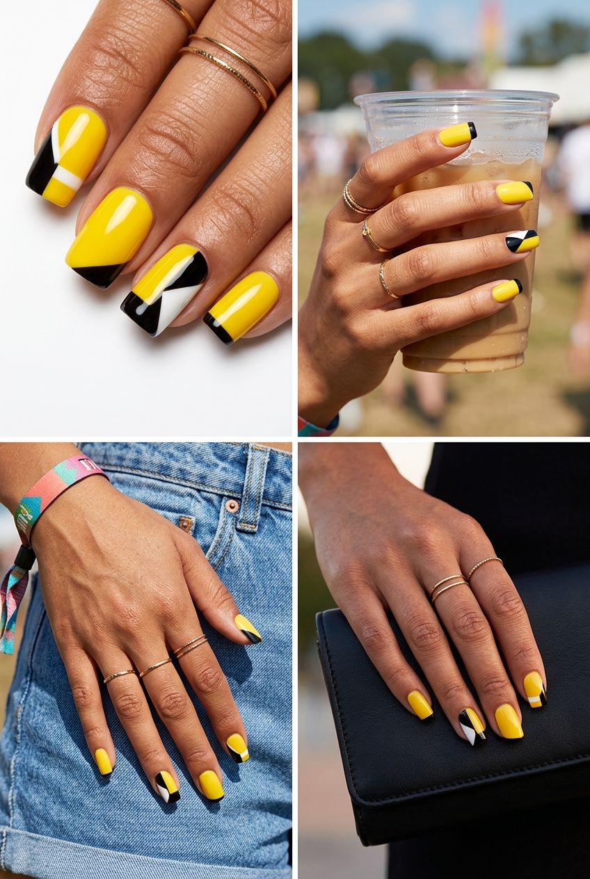 Bold Yellow Summer Nails 2026: Geometric Statement Graphic yellow summer nails 2026 with bold geometric color blocking in yellow, white, and black.