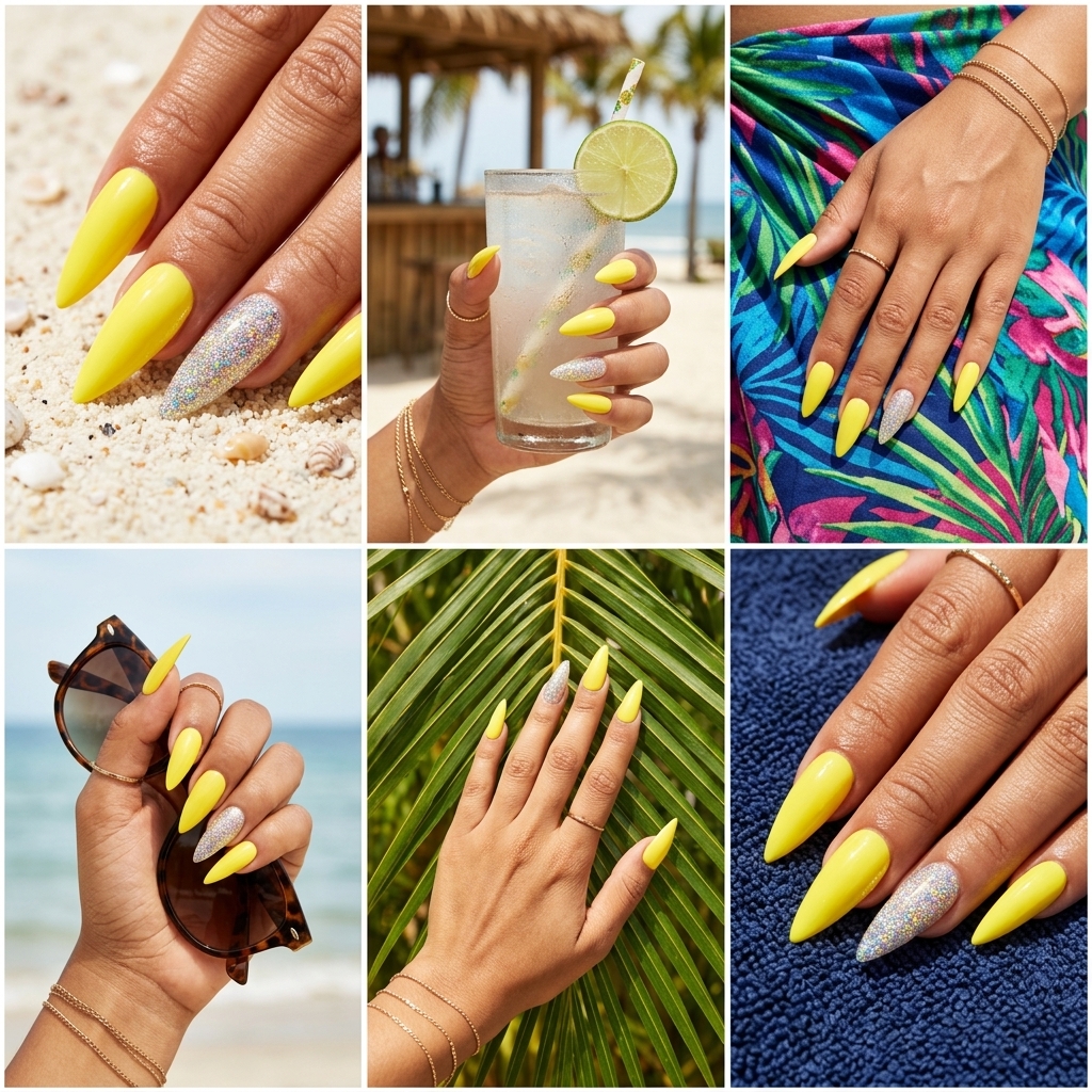Glamorous Yellow Summer Nails 2026: Glitter Accents Playful yellow summer nails 2026 with lemon zest glitter accents on coffin-shaped nails.