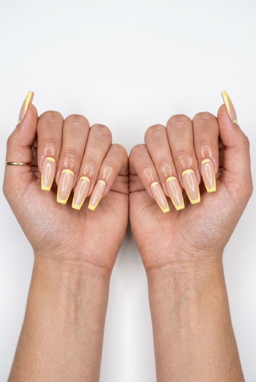 Lemonade Reverse French Nails 2026 Lemonade Reverse French nails in bright yellow for sophisticated casual looks 2026.