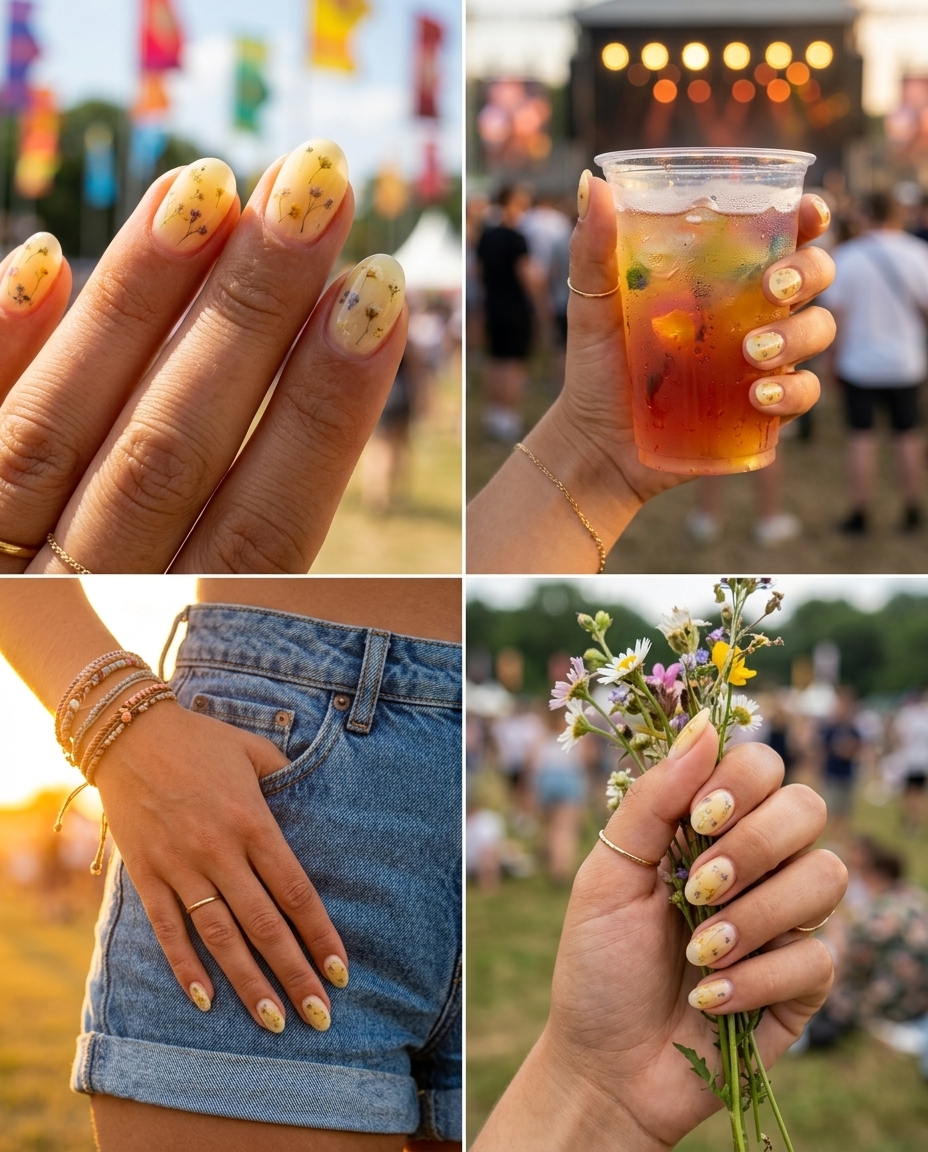 Yellow Summer Nails 2026: Milk Bath Flowers Milk Bath Meadow for yellow summer nails 2026. Milky pale yellow with delicate dried flowers.