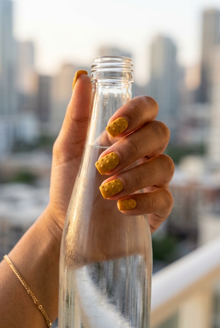 Textured Yellow Summer Nails 2026: Mustard Dots Edgy mustard yellow summer nails 2026 with textured dots for artistic street style.