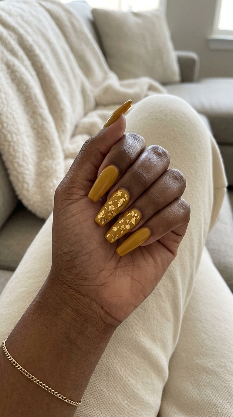Mustard Gold Foil: Yellow Summer Nails 2026 Glamorous mustard yellow nails with metallic gold foil accents for evening events. Yellow summer nails 2026.