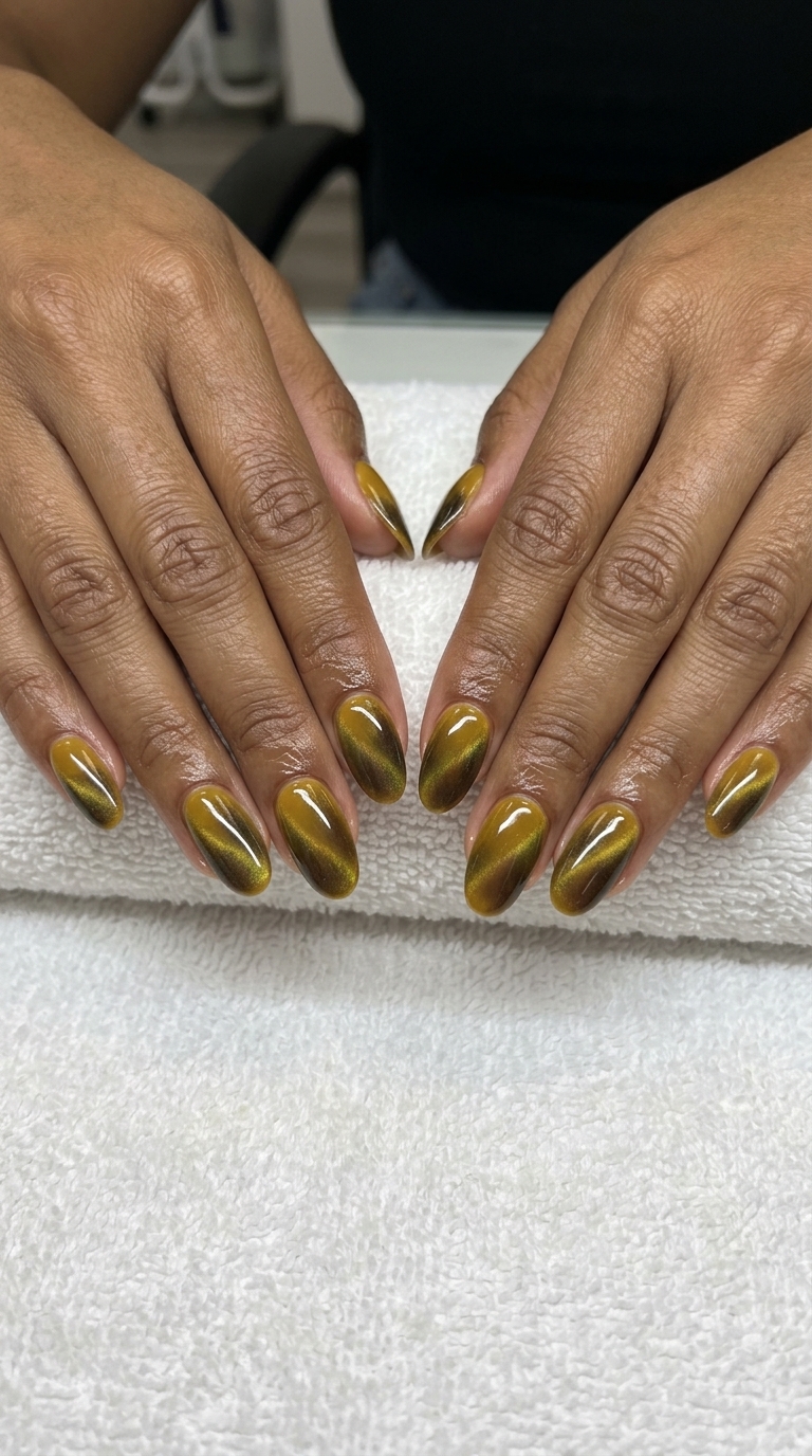 Mustard Yellow Cat-Eye: Yellow Summer Nails 2026 Mysterious deep mustard yellow cat-eye nails with a magnetic shift for date nights. Yellow summer nails 2026.