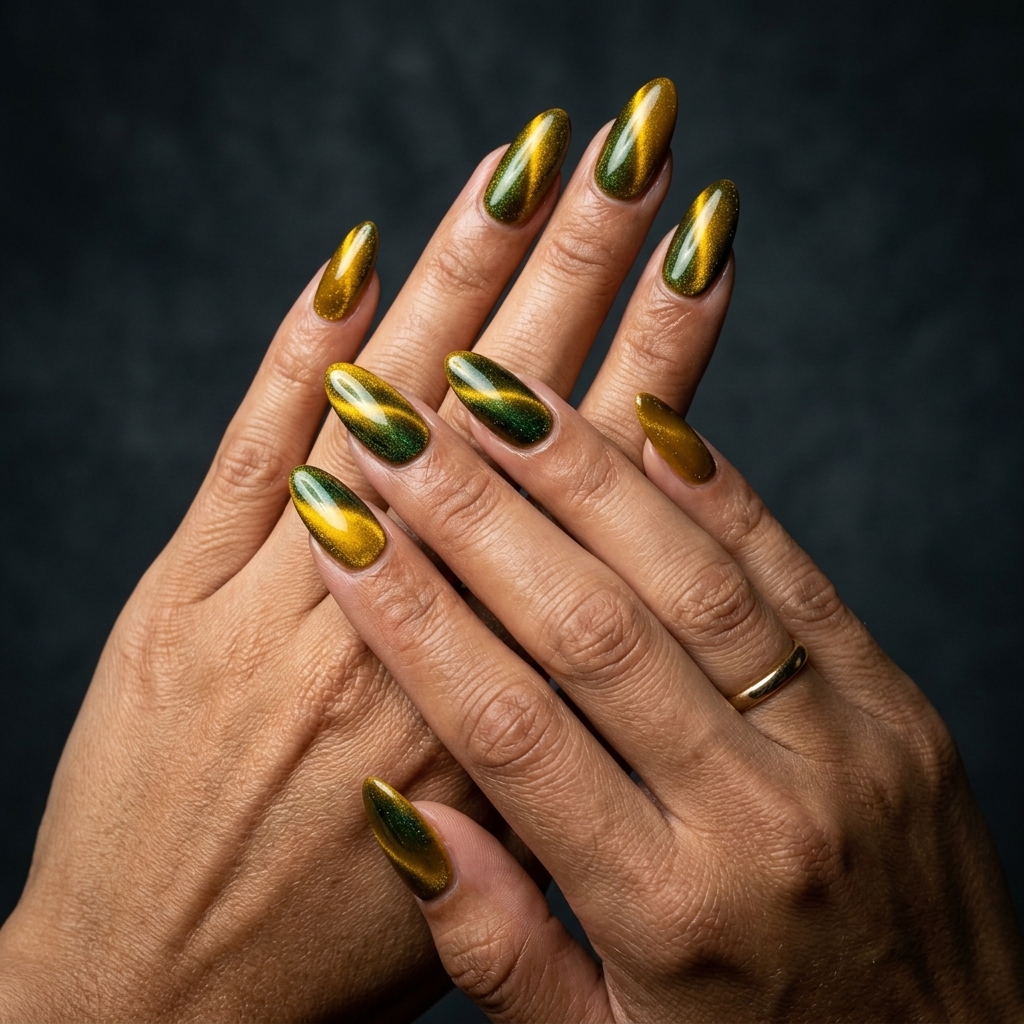 Saffron Cat Eye Sparkle Nails 2026 Saffron Cat Eye Sparkle nails for sultry night out looks 2026.