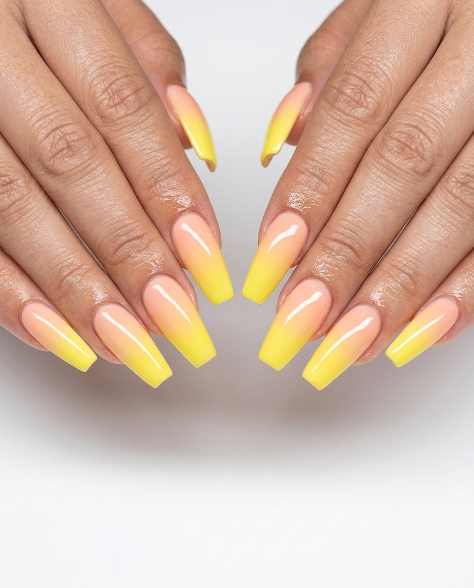 Yellow Summer Nails 2026: Sunset Ombre Airbrushed Lemon Sunset Ombre nails for yellow summer nails 2026. Peach to yellow gradient, medium oval shape.