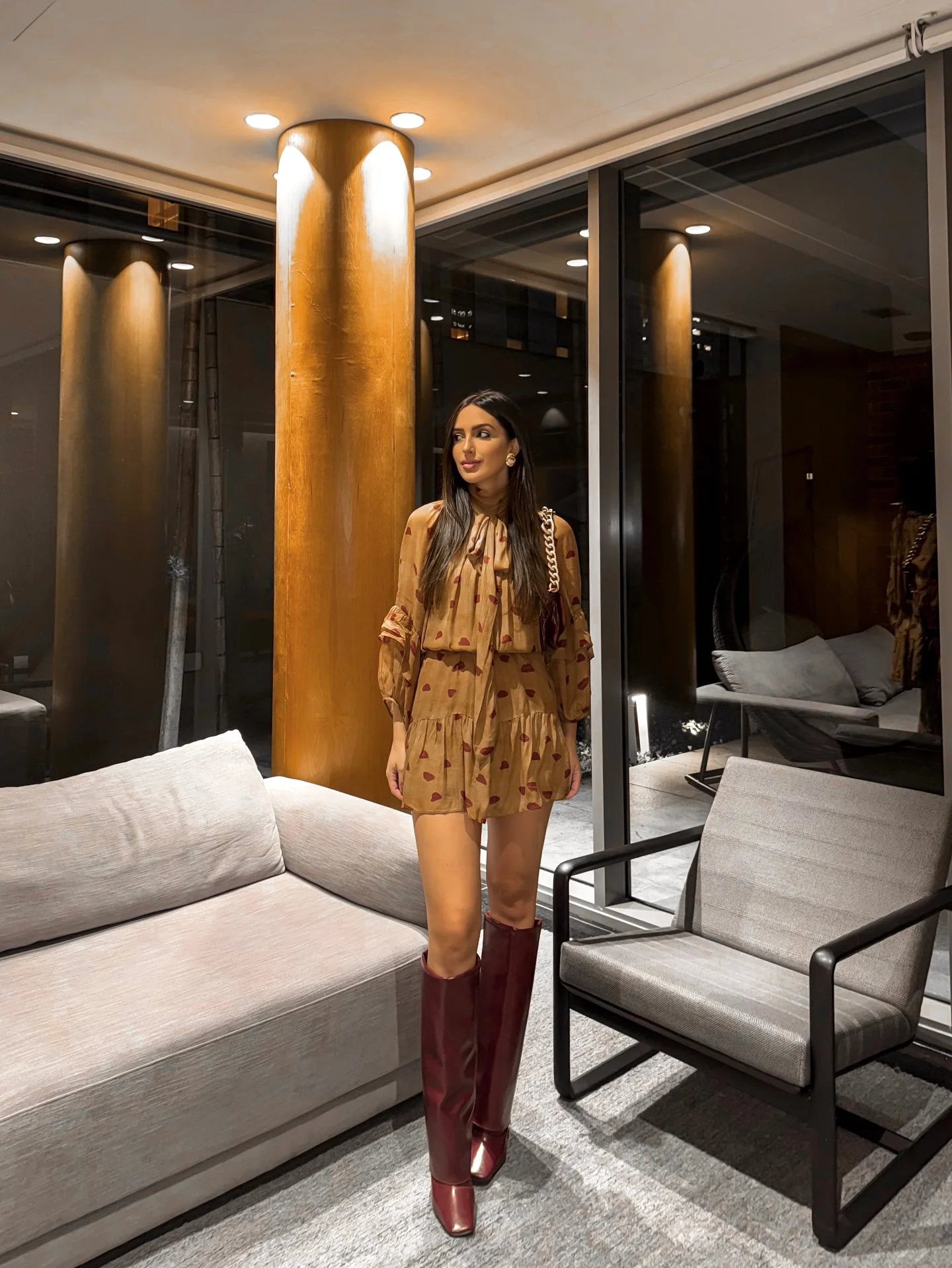 fall club outfits for women 2026 Chocolate Mini Dress With Burgundy Statement Boots