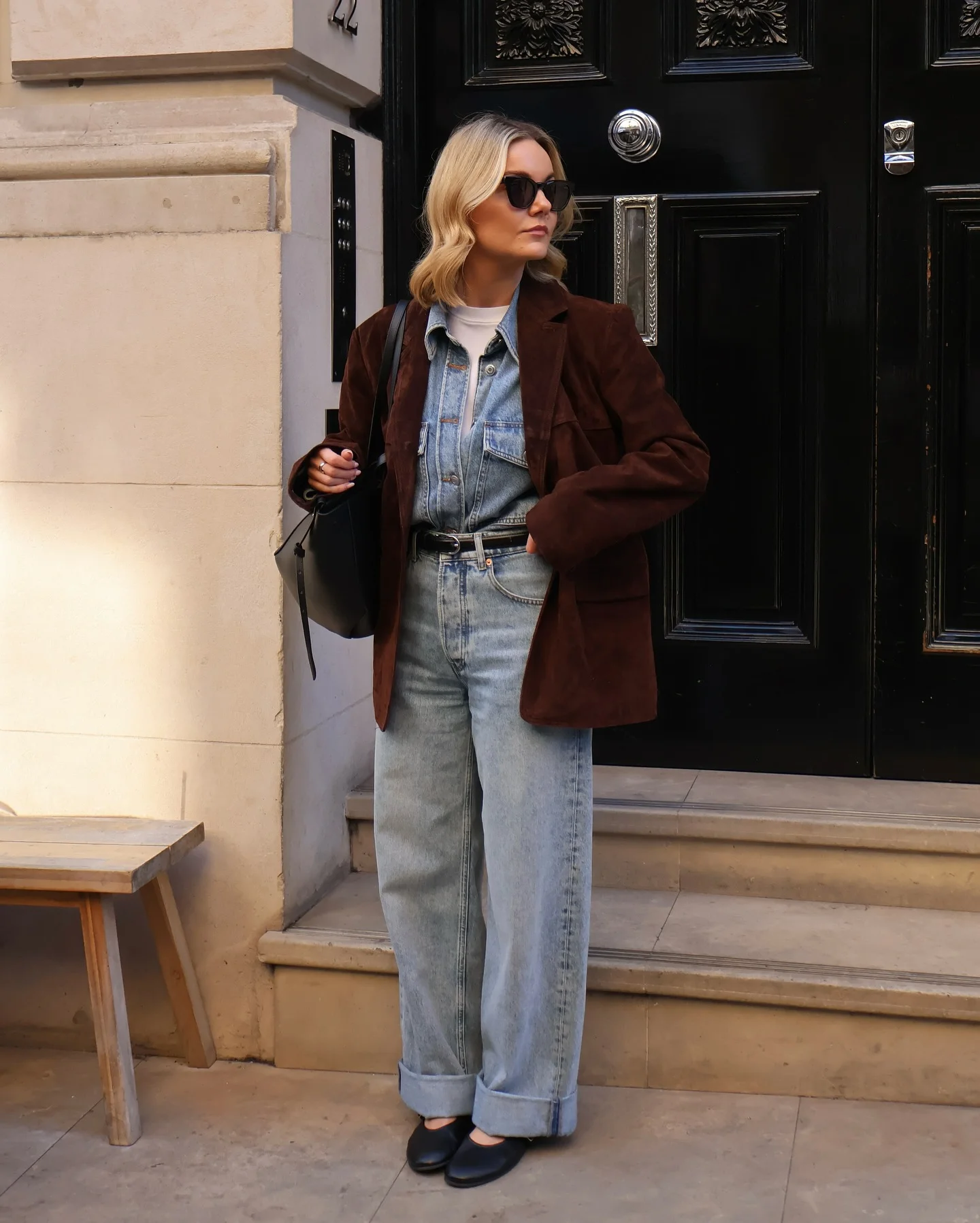 fall denim outfits for women 2026 Chocolate Blazer And Light Wash Denim For An Elevated Everyday Look
