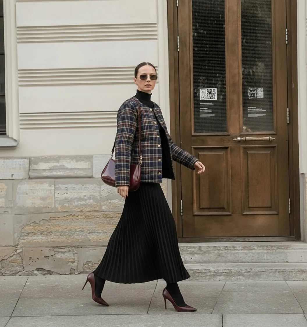 fall outfits with skirts 2026 Classic Pleated Skirt Styled With A Plaid Jacket