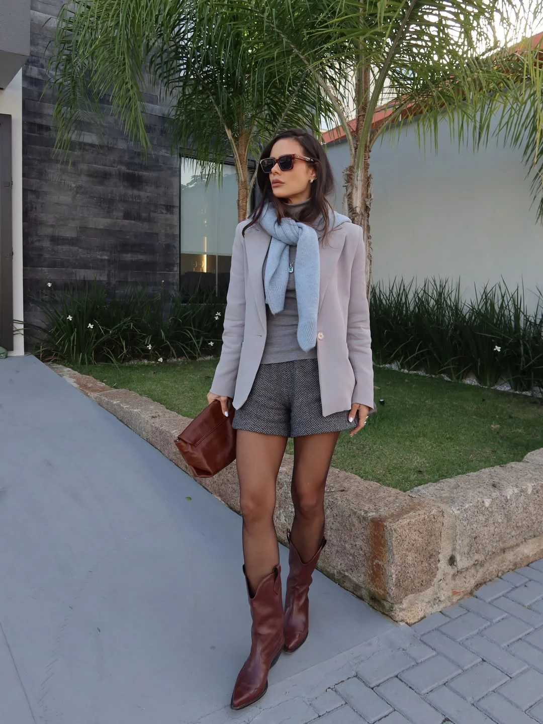 fall outfits with tights 2026 Soft Tailoring With Chocolate Boots And Textured Shorts