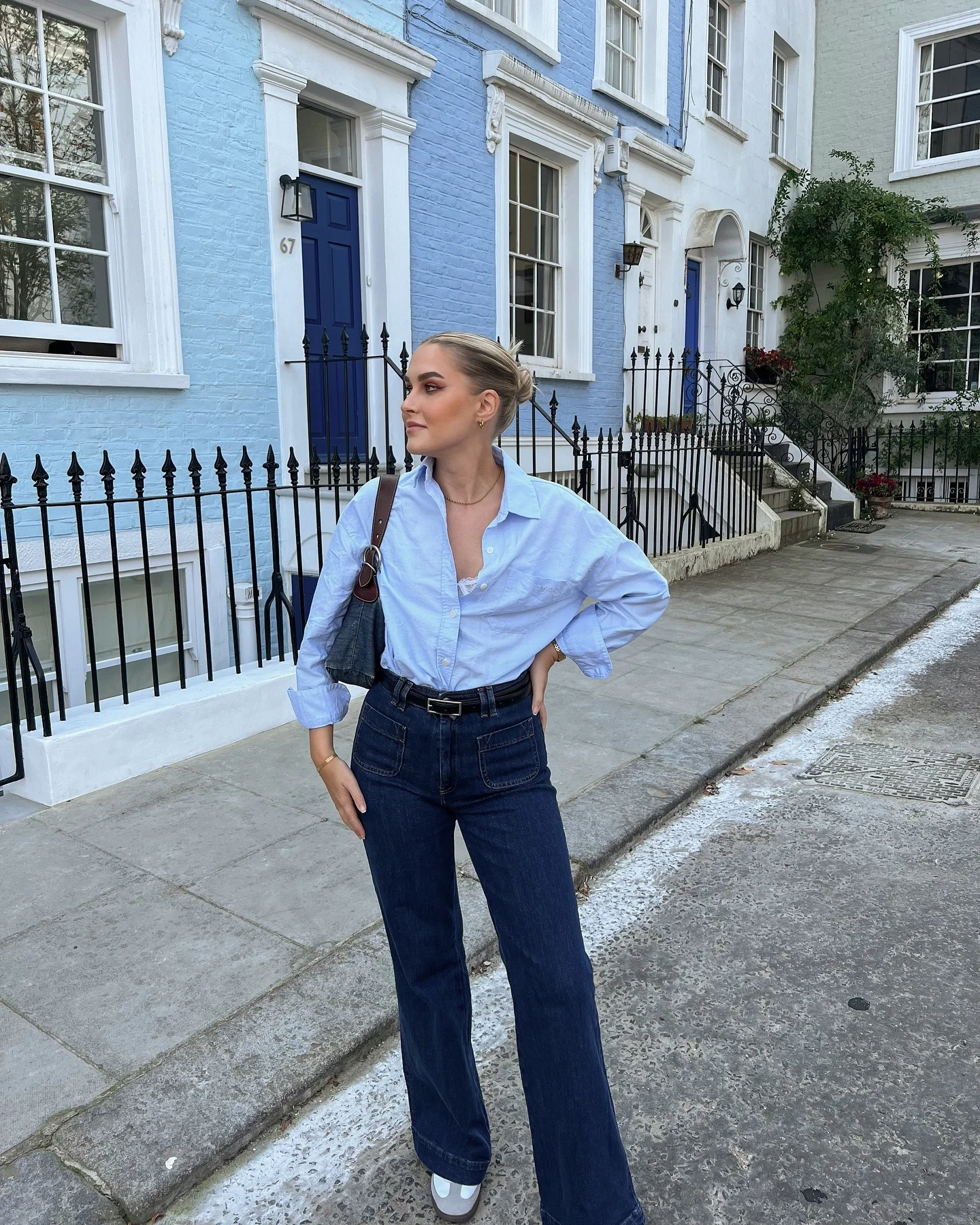 fall smart casual work outfit for women 2026 Classic Blue Shirt And Dark Jeans For Effortless Office Days