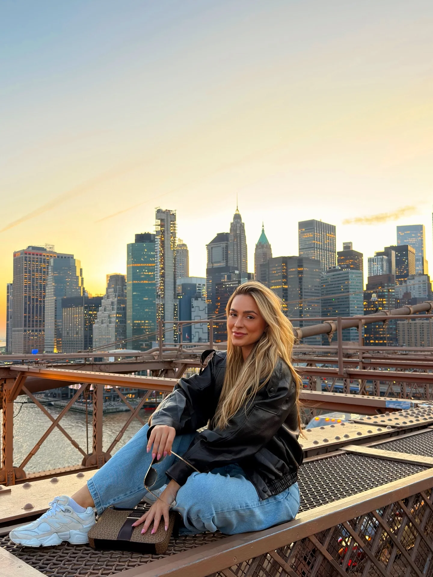 fall street style nyc outfits 2026 Classic Leather Jacket With Relaxed Denim For Golden Hour Walks