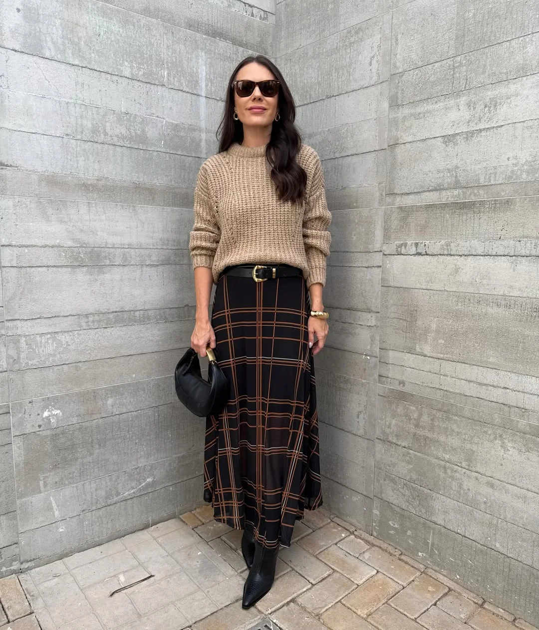 fall outfits with skirts 2026 Classic Plaid Midi Skirt With Cozy Neutral Sweater