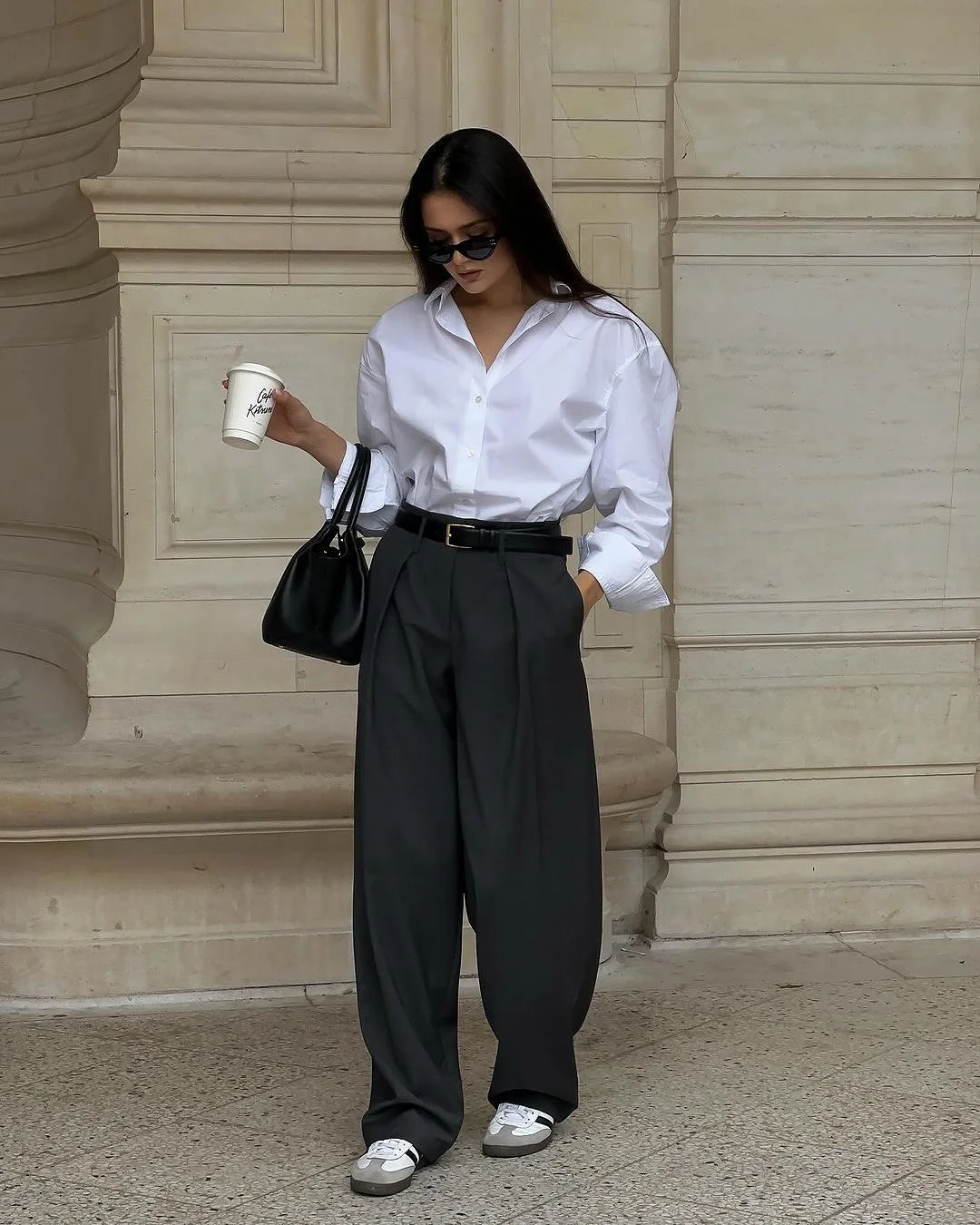 fall smart casual work outfit for women 2026 Crisp White Shirt With Wide-Leg Office Trousers