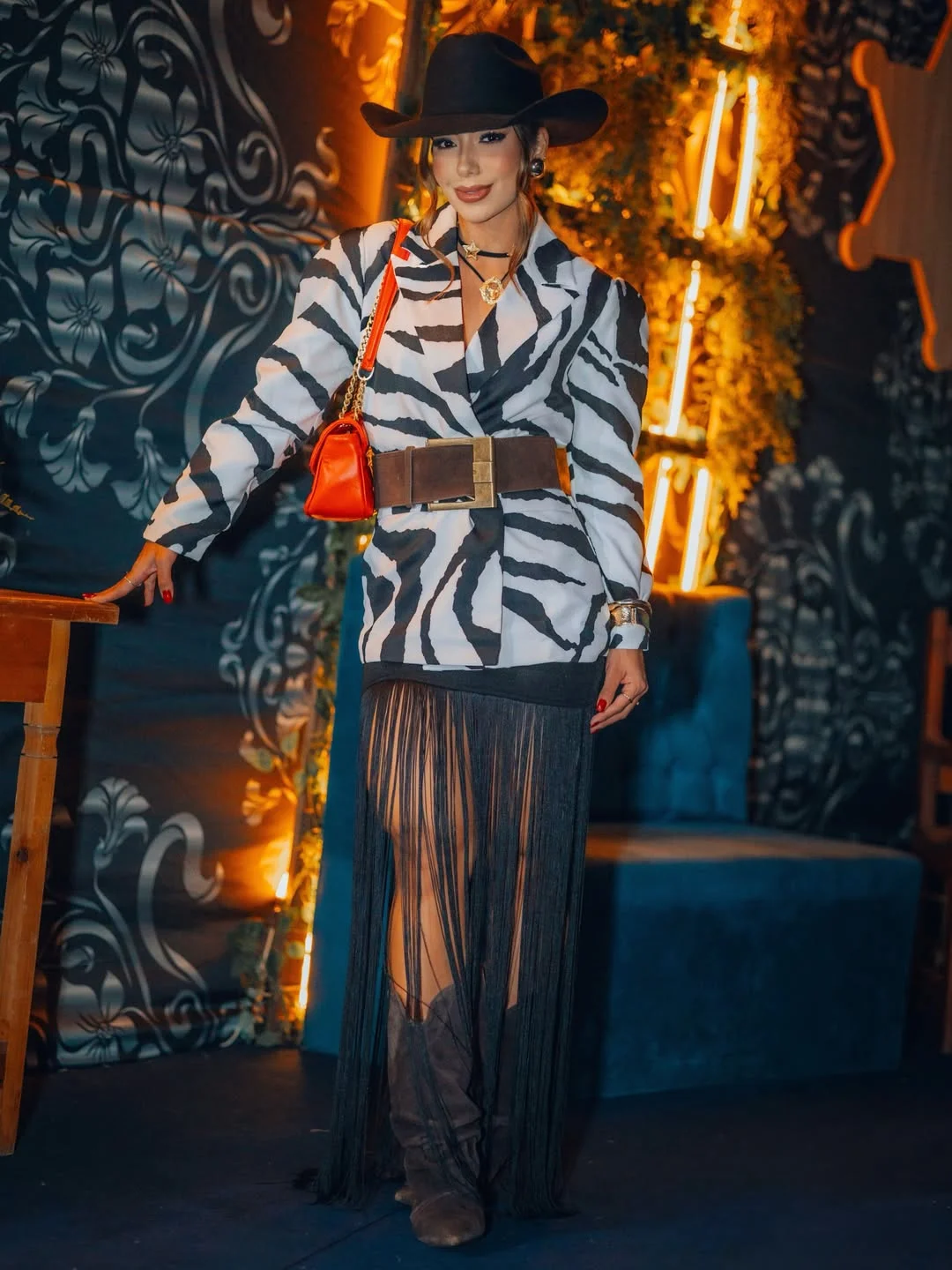 fall club outfits for women 2026 Zebra Blazer And Fringe Skirt With Western Club Energy
