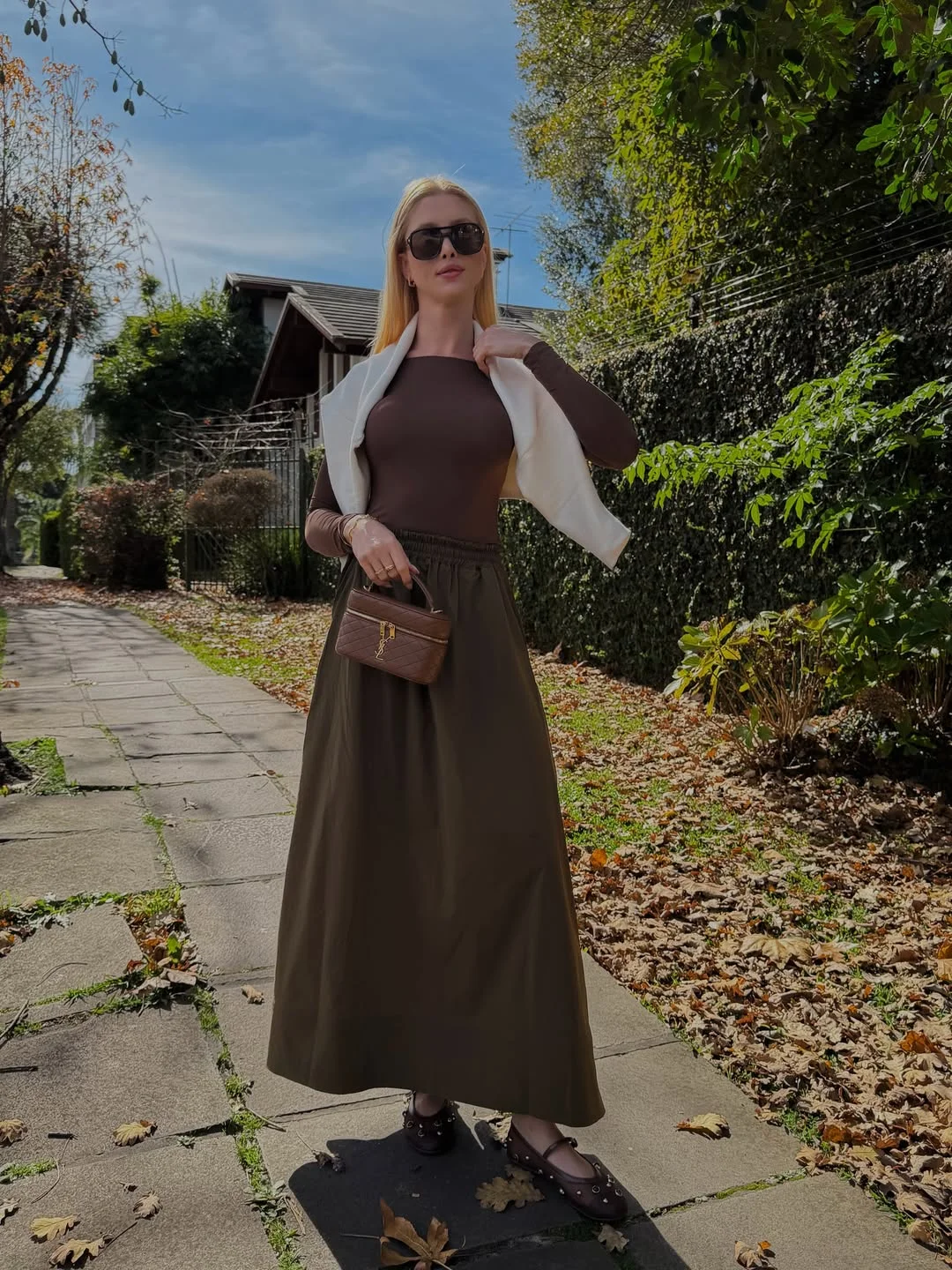 fall outfits with skirts 2026 Minimal Brown Maxi Skirt With Soft Neutral Layers