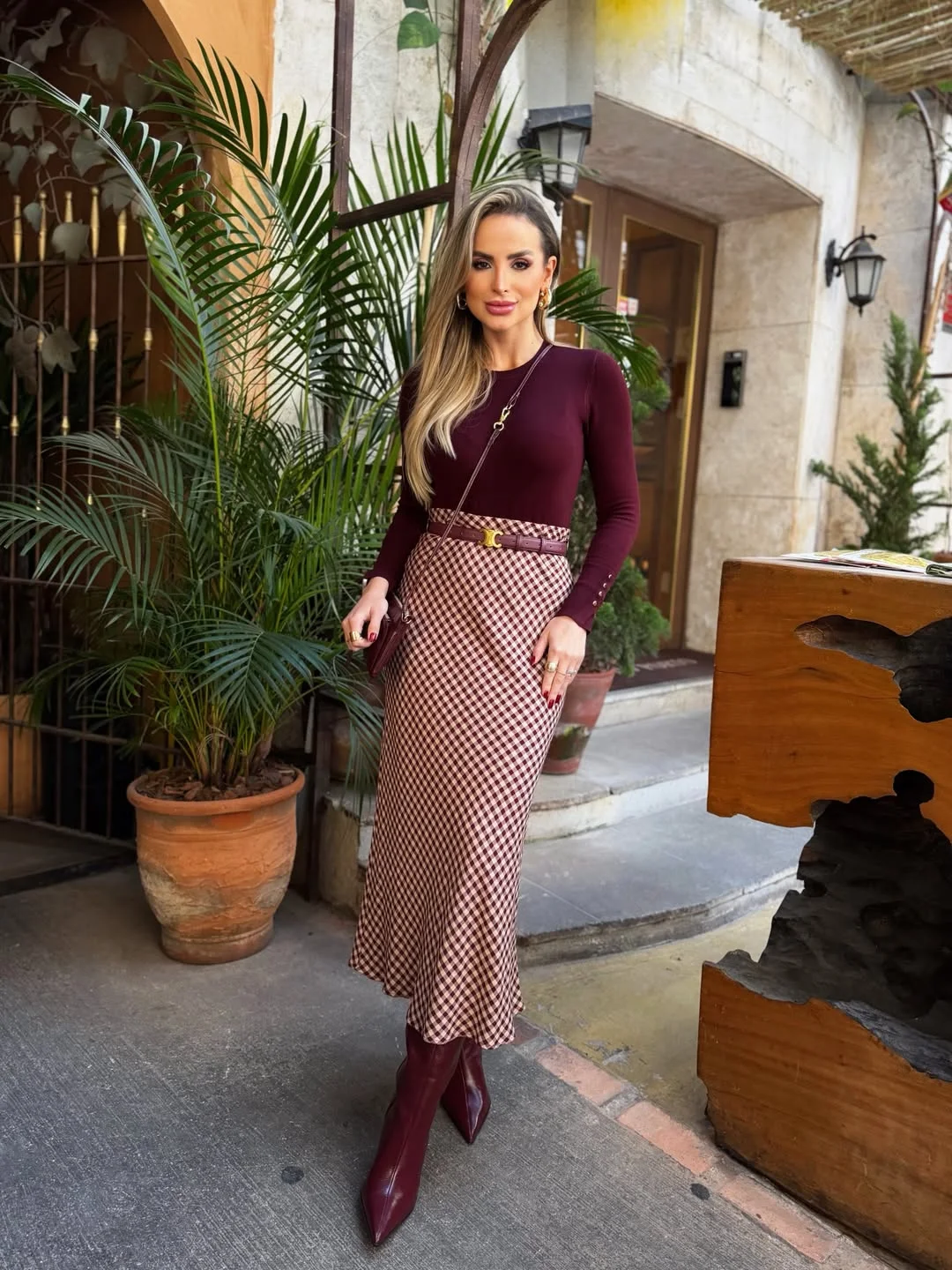 fall outfits with skirts 2026 Burgundy Knit Styled With A Gingham Midi Skirt