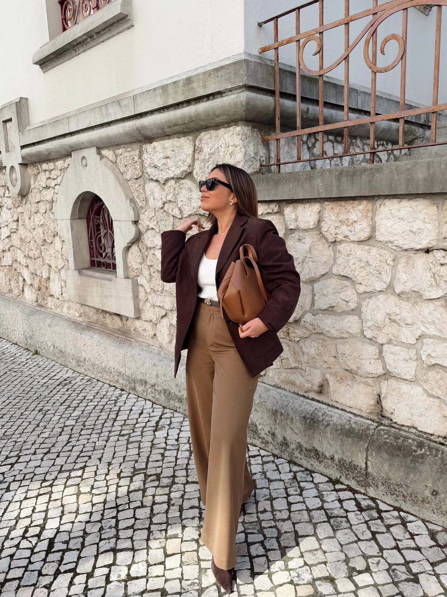 fall smart casual work outfit for women 2026 Chocolate Blazer With Camel Wide-Leg Trousers