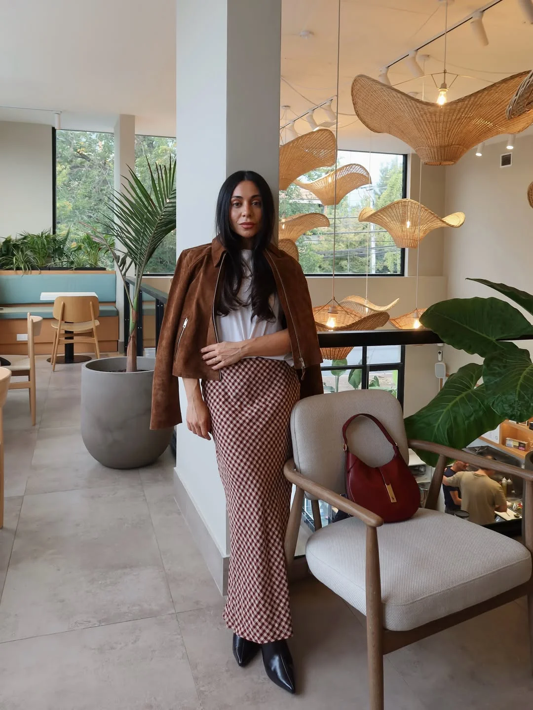 fall outfits with skirts 2026 Brown Suede Jacket With A Classic Checked Maxi Skirt