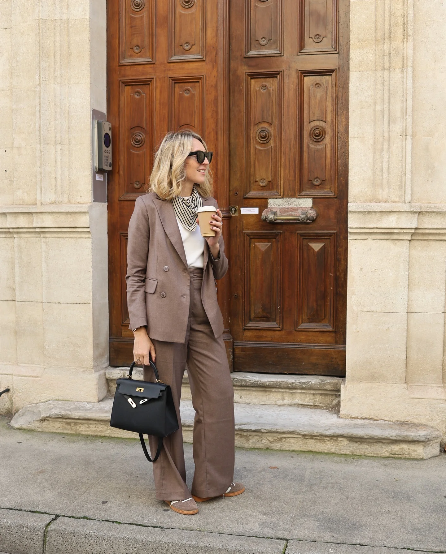 fall smart casual work outfit for women 2026 Taupe Tailored Suit Styled With Relaxed Weekend Elegance