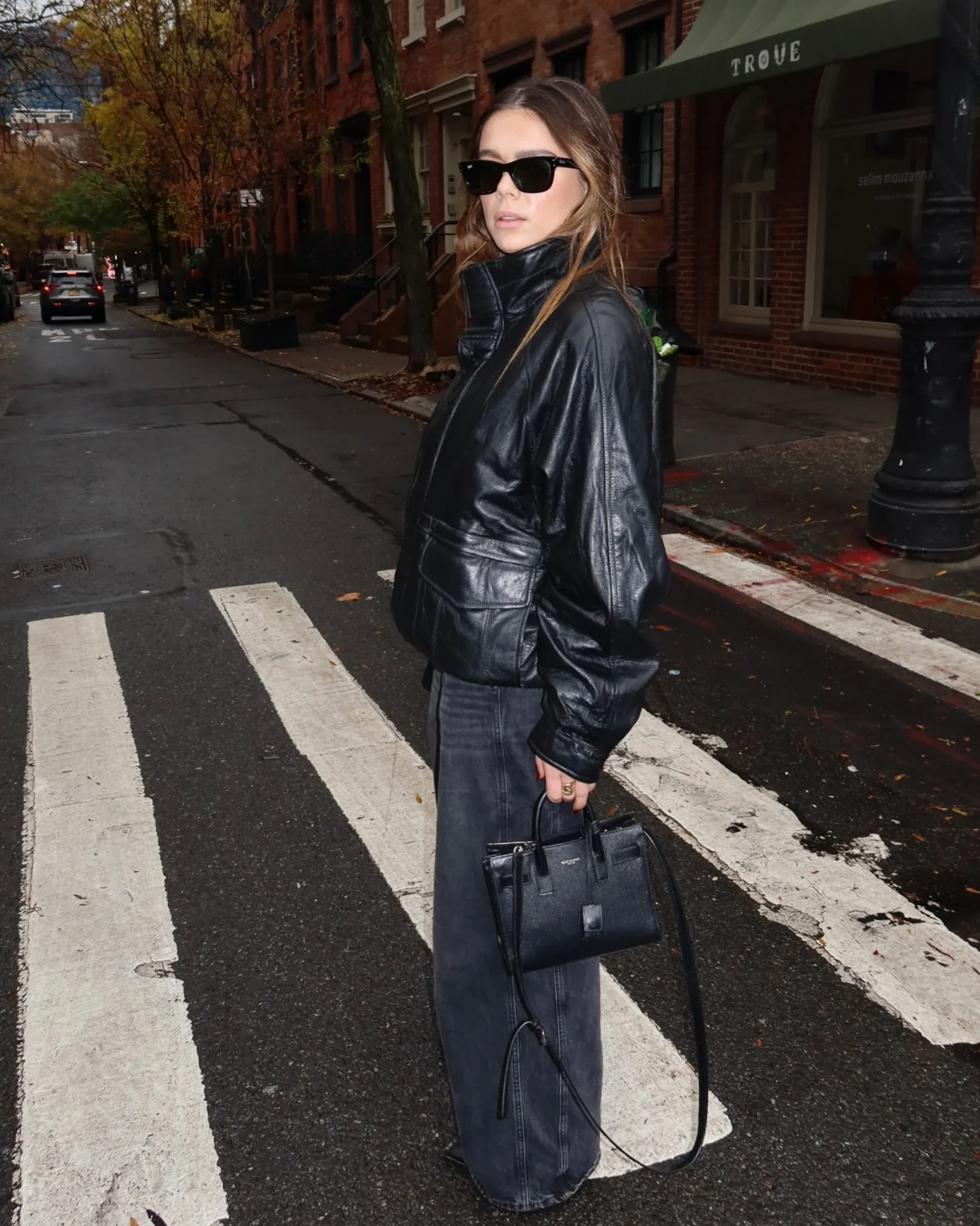 fall street style nyc outfits 2026 Black Leather And Charcoal Denim For Effortless Evening Style
