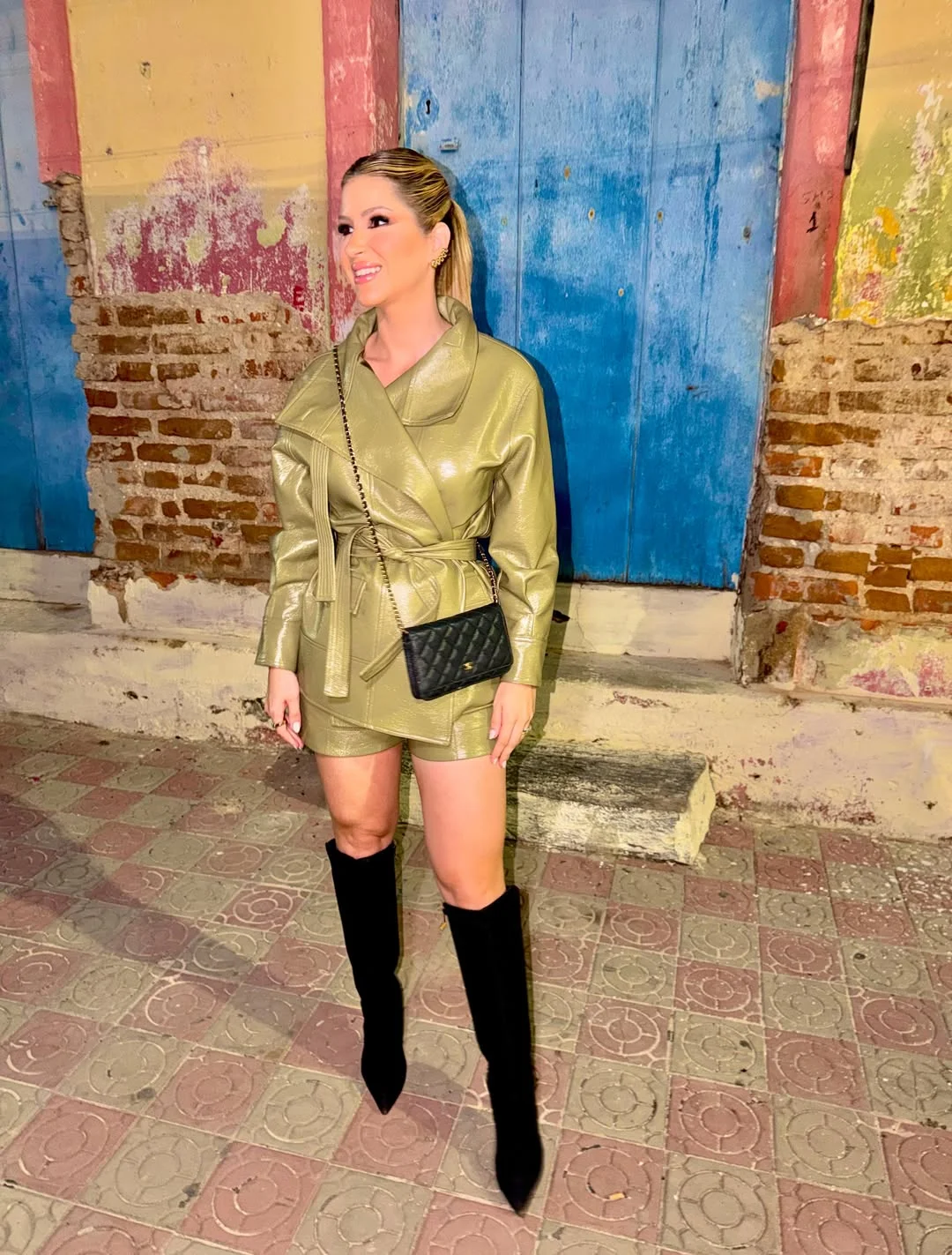fall club outfits for women 2026 Olive Faux Leather Set With Elegant Knee-High Boots