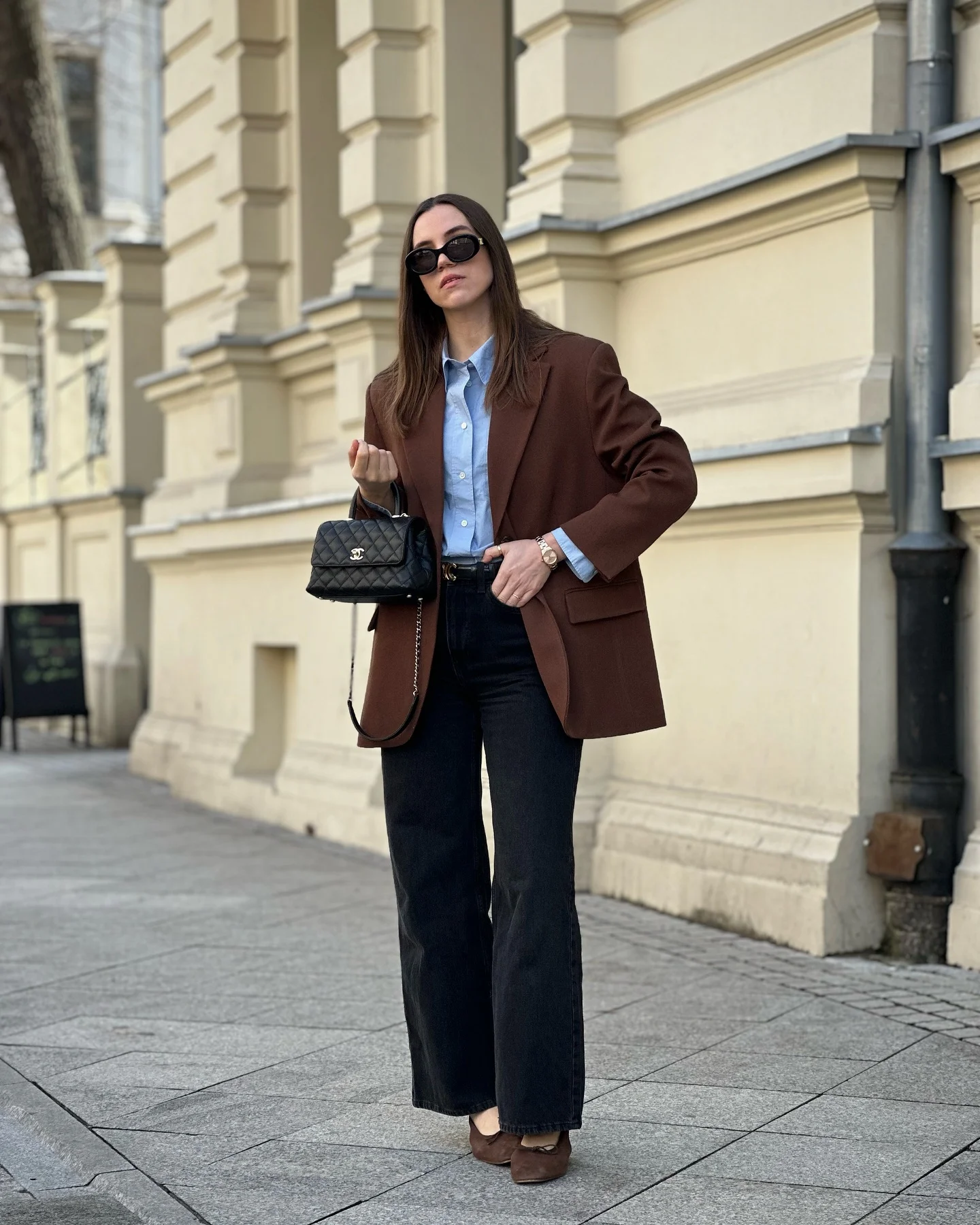 fall office outfits for women 2026 Dark Denim And Chocolate Blazer For Smart Casual Fridays