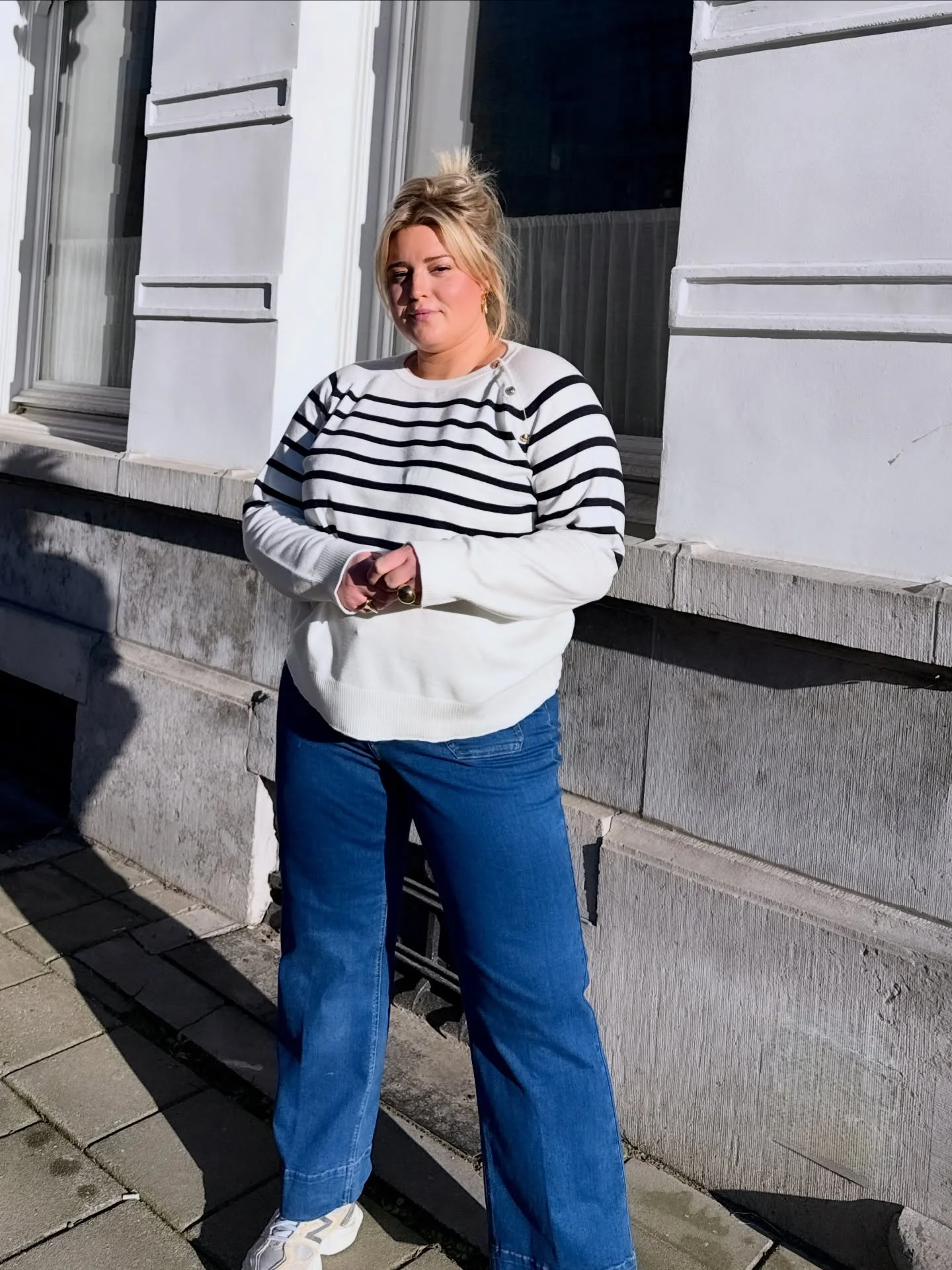 fall outfits for big busted women 2026 Classic Breton Knit With Relaxed Denim