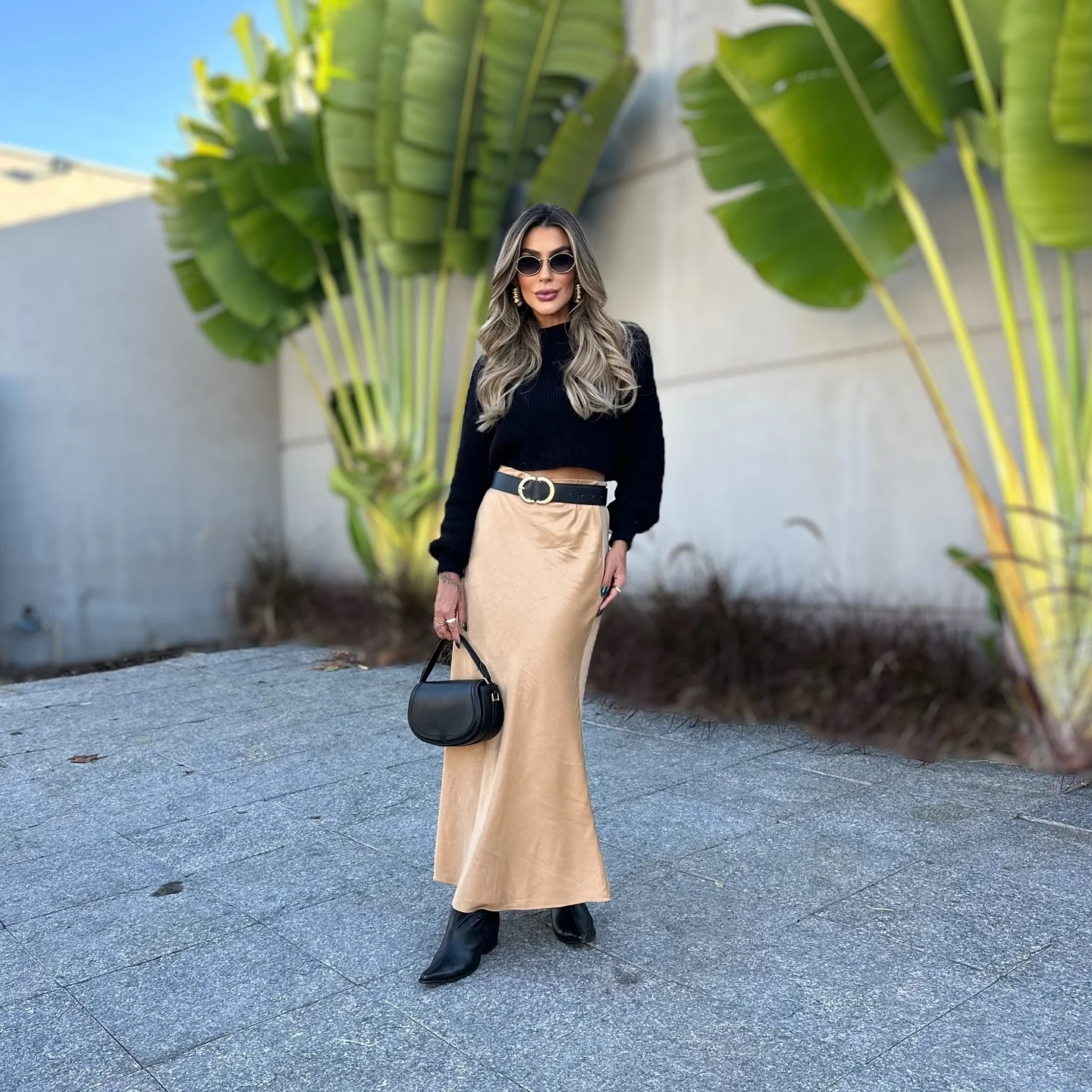 fall outfits with skirts 2026 Minimal Satin Skirt Styled With A Cropped Black Sweater