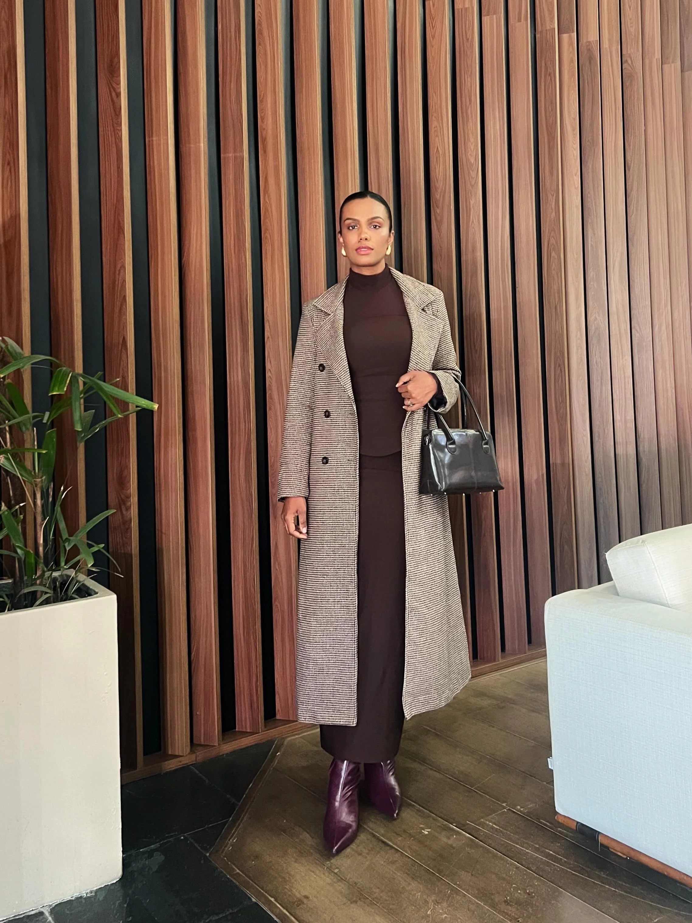fall smart casual work outfit for women 2026 Long Checked Coat Over A Chocolate Knit Dress