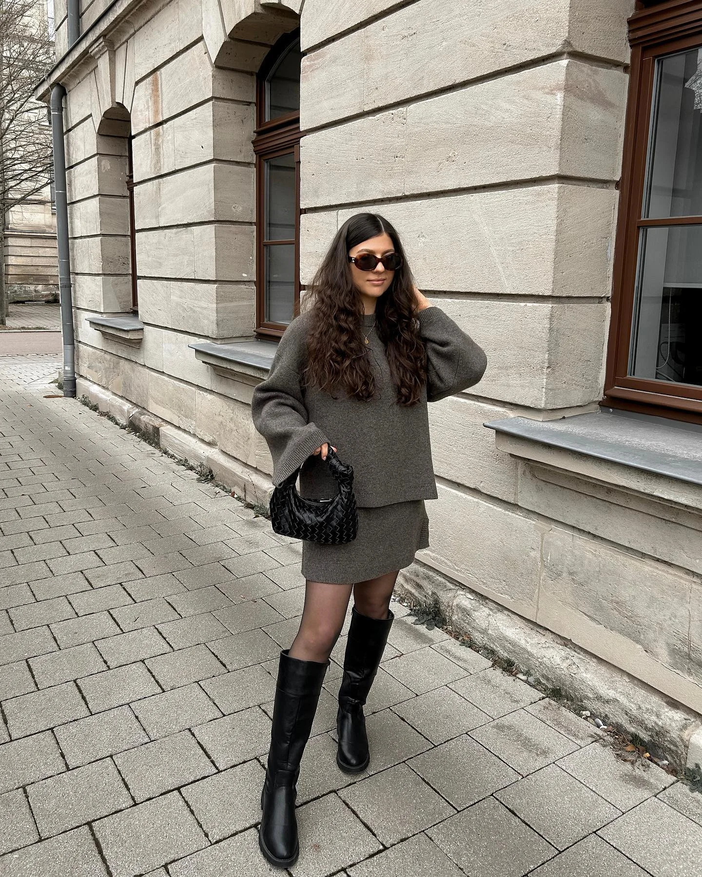 fall outfits with tights 2026 Monochrome Knit Set Finished With Tall Boots