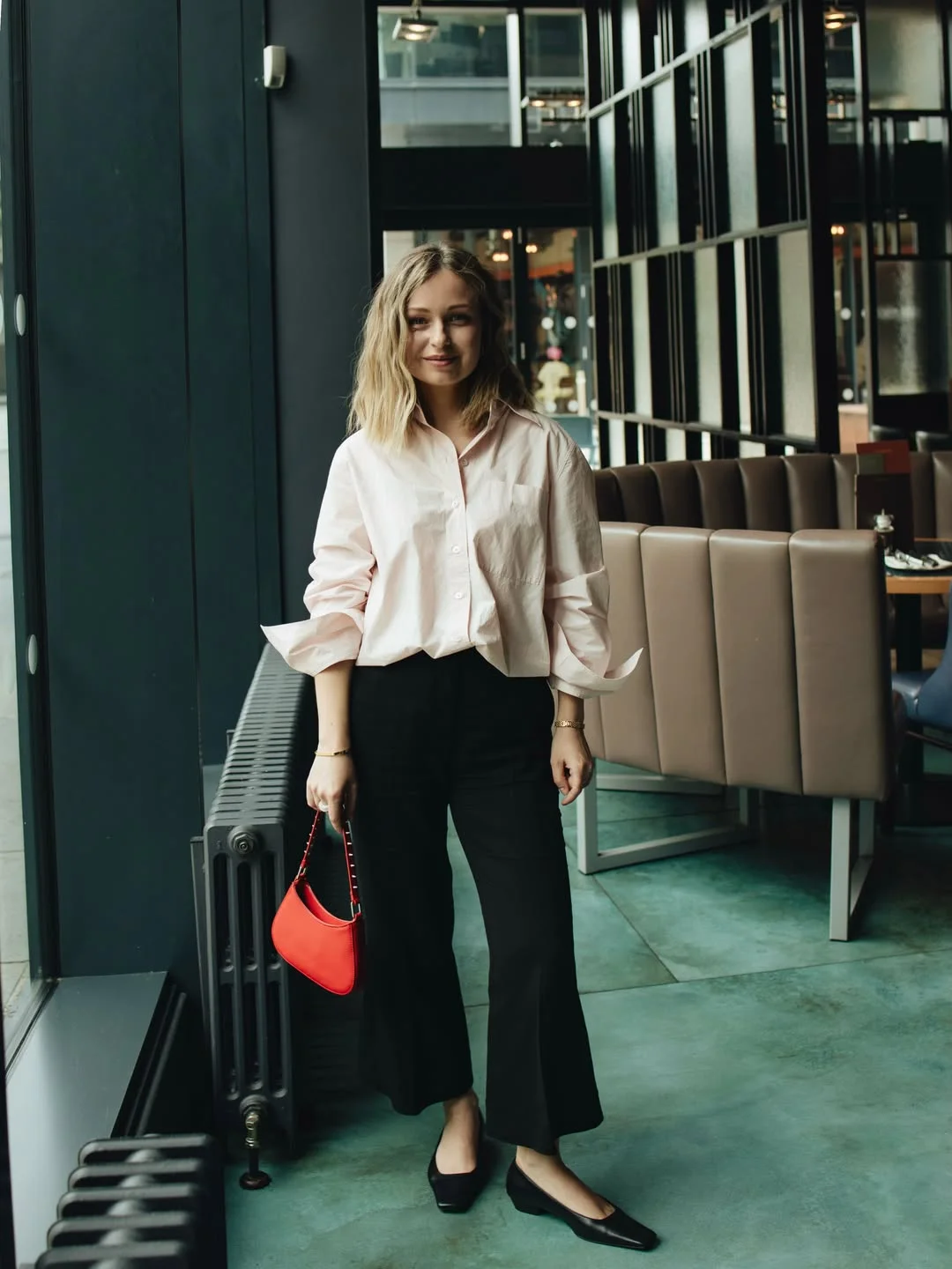 fall smart casual work outfit for women 2026 Soft Pink Shirt With Relaxed Black Trousers