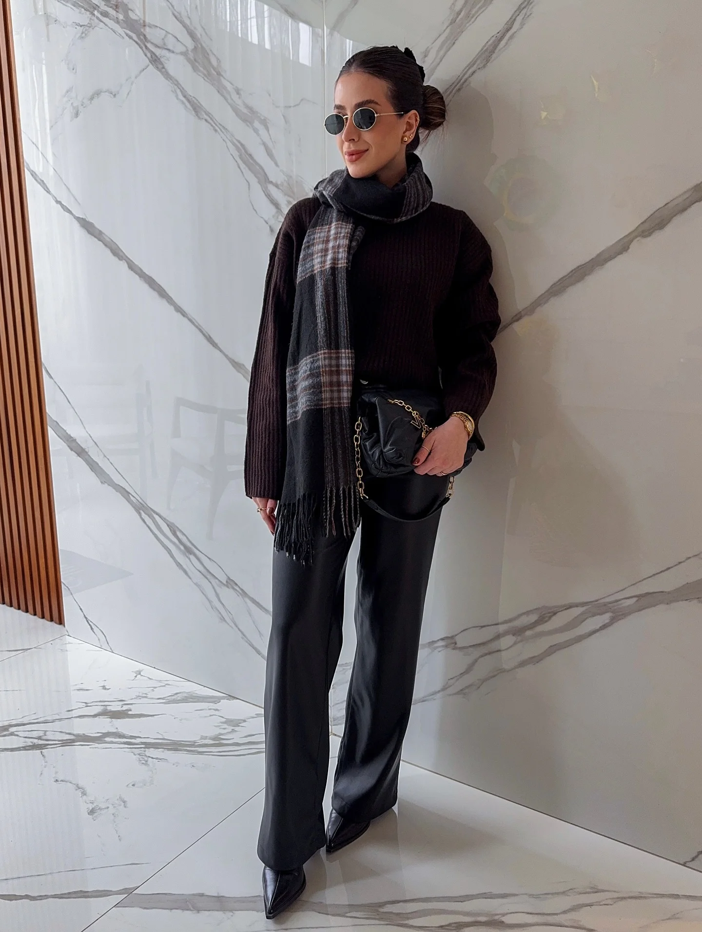 fall fashion trends 2026 Dark Knit Elegance With Modern Leather Trousers