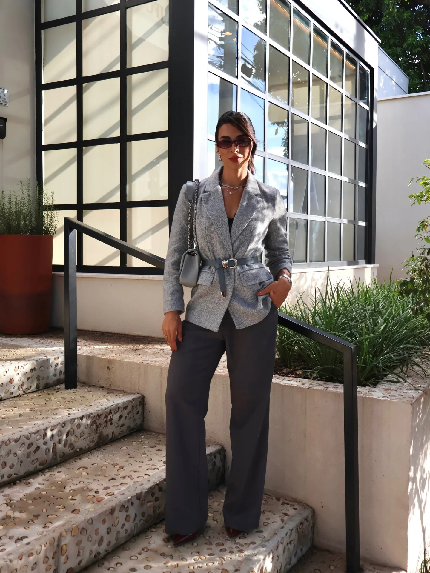 fall smart casual work outfit for women 2026 Tailored Gray Blazer With Modern Wide-Leg Trousers