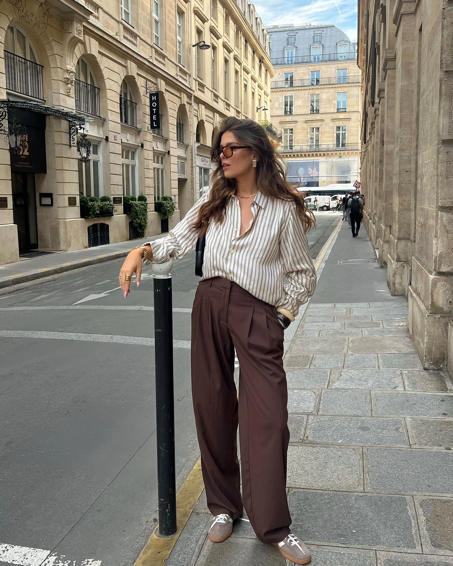 fall smart casual work outfit for women 2026 Striped Shirt And Chocolate Wide-Leg Trousers