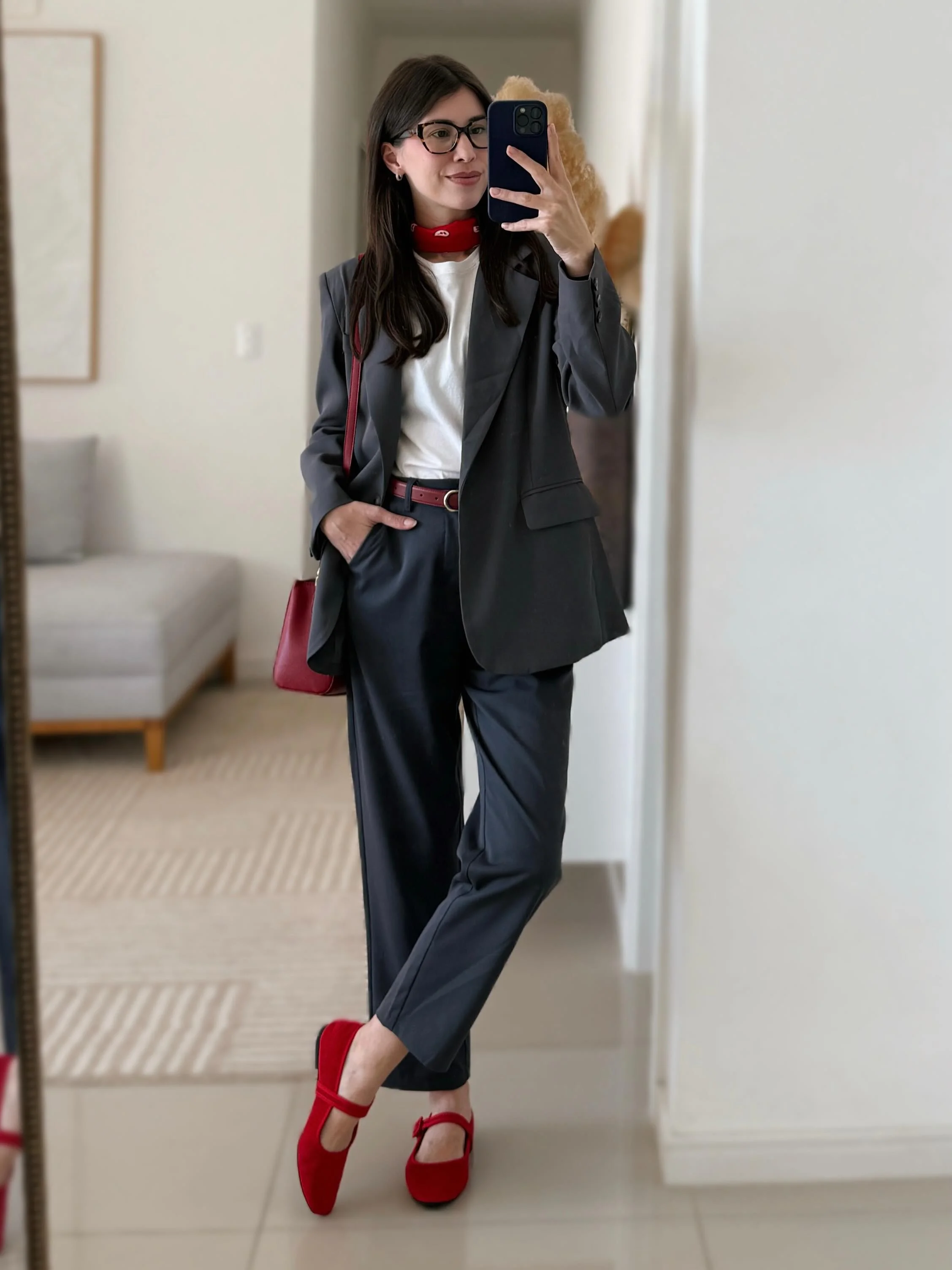 fall office outfits for women 2026 Classic Grey Suit With Bold Red Accessories