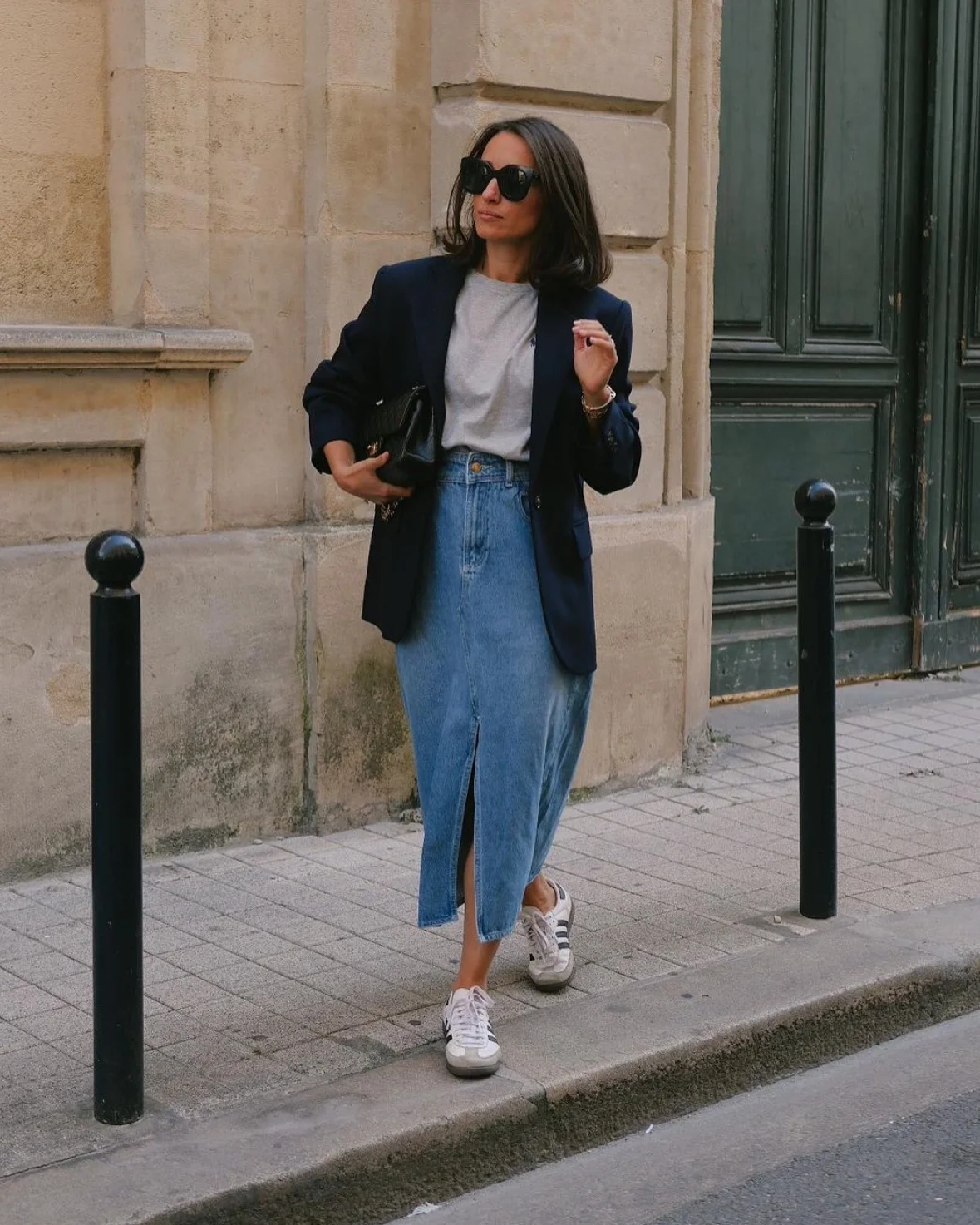fall outfits with skirts 2026 Navy Blazer And Denim Midi Skirt For Everyday Style