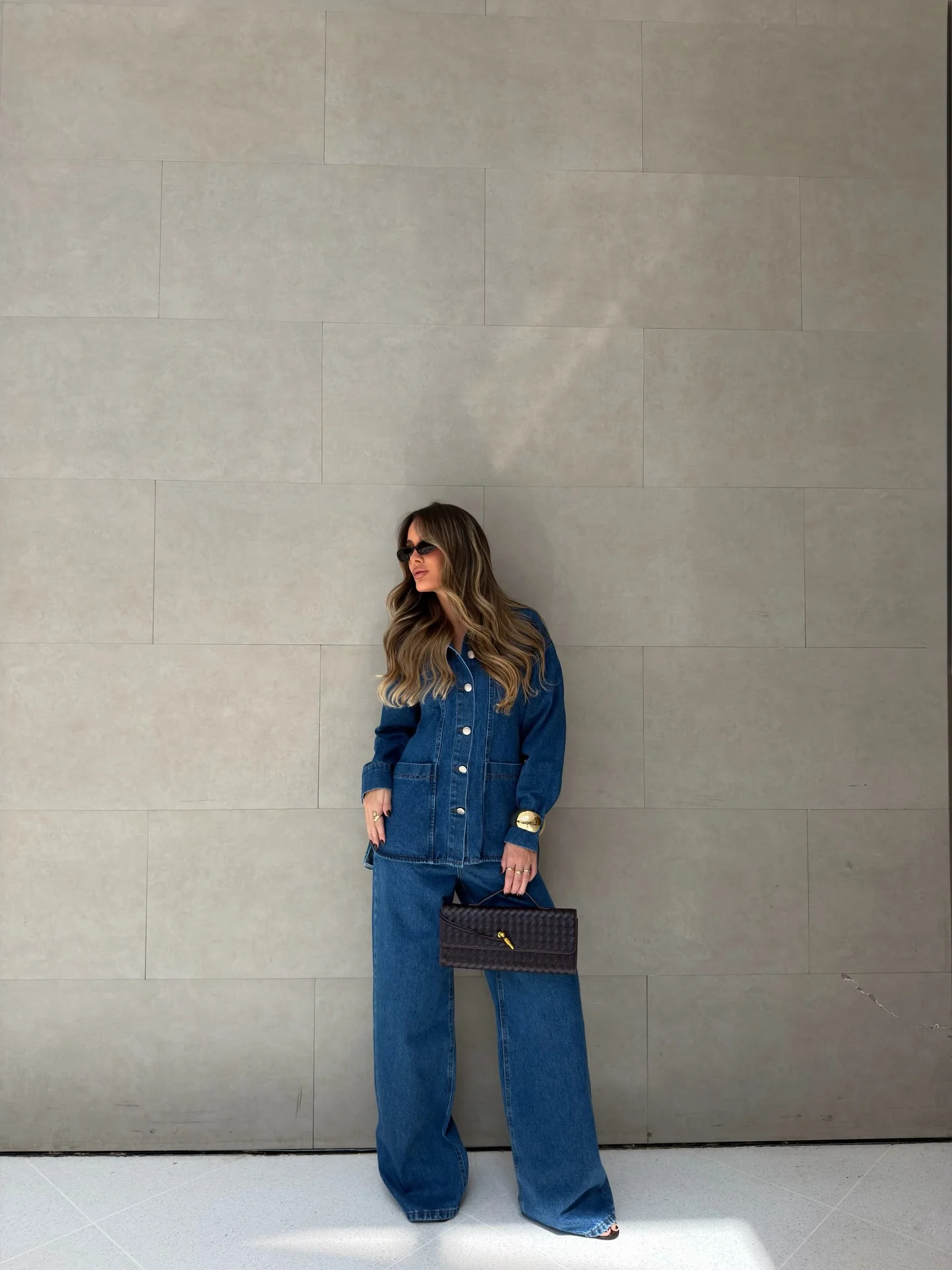 fall denim outfits for women 2026 Modern Double Denim With Relaxed Wide-Leg Jeans