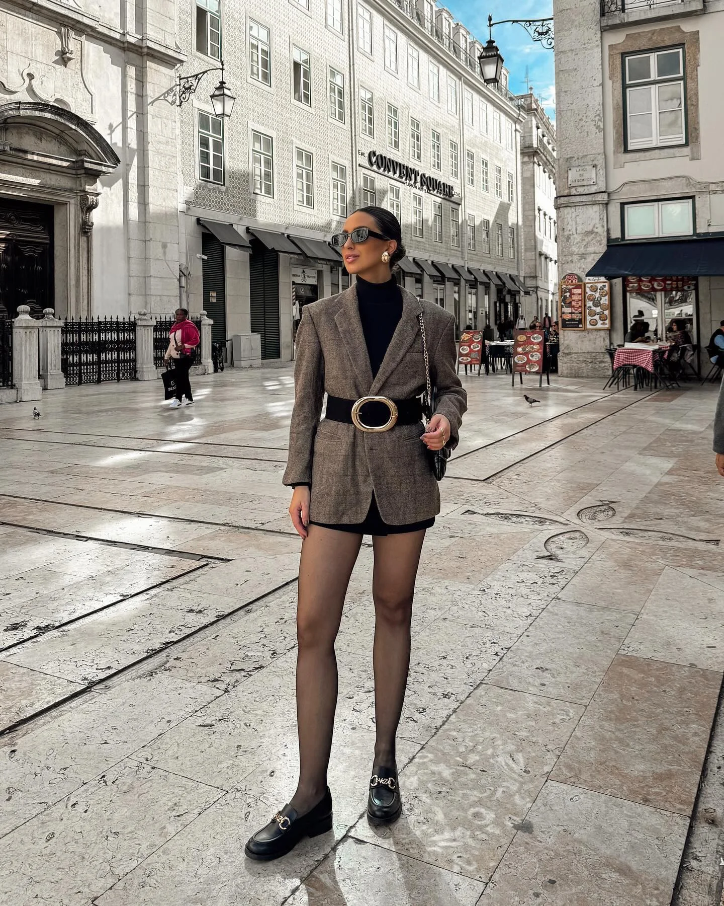 fall outfits with tights 2026 Tailored Blazer With Shorts And Elegant Loafers