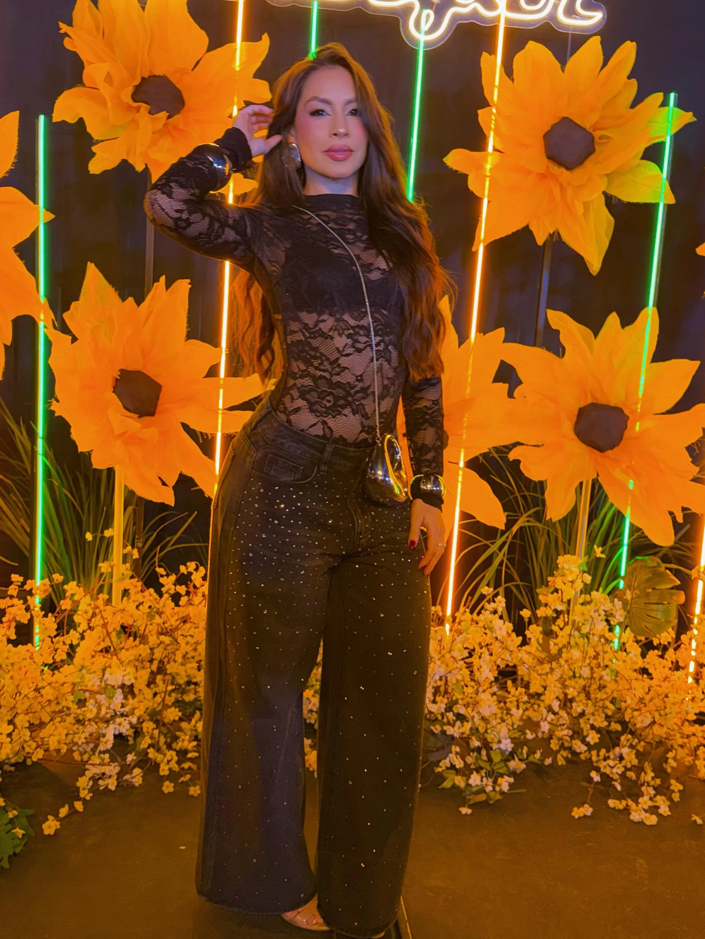 fall club outfits for women 2026 Sheer Lace Bodysuit With Sparkling Wide-Leg Pants