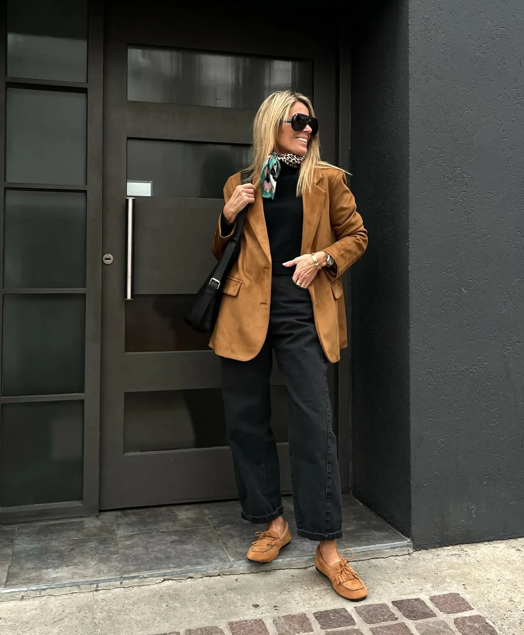 fall smart casual work outfit for women 2026 Warm Camel Blazer With Relaxed Black Denim