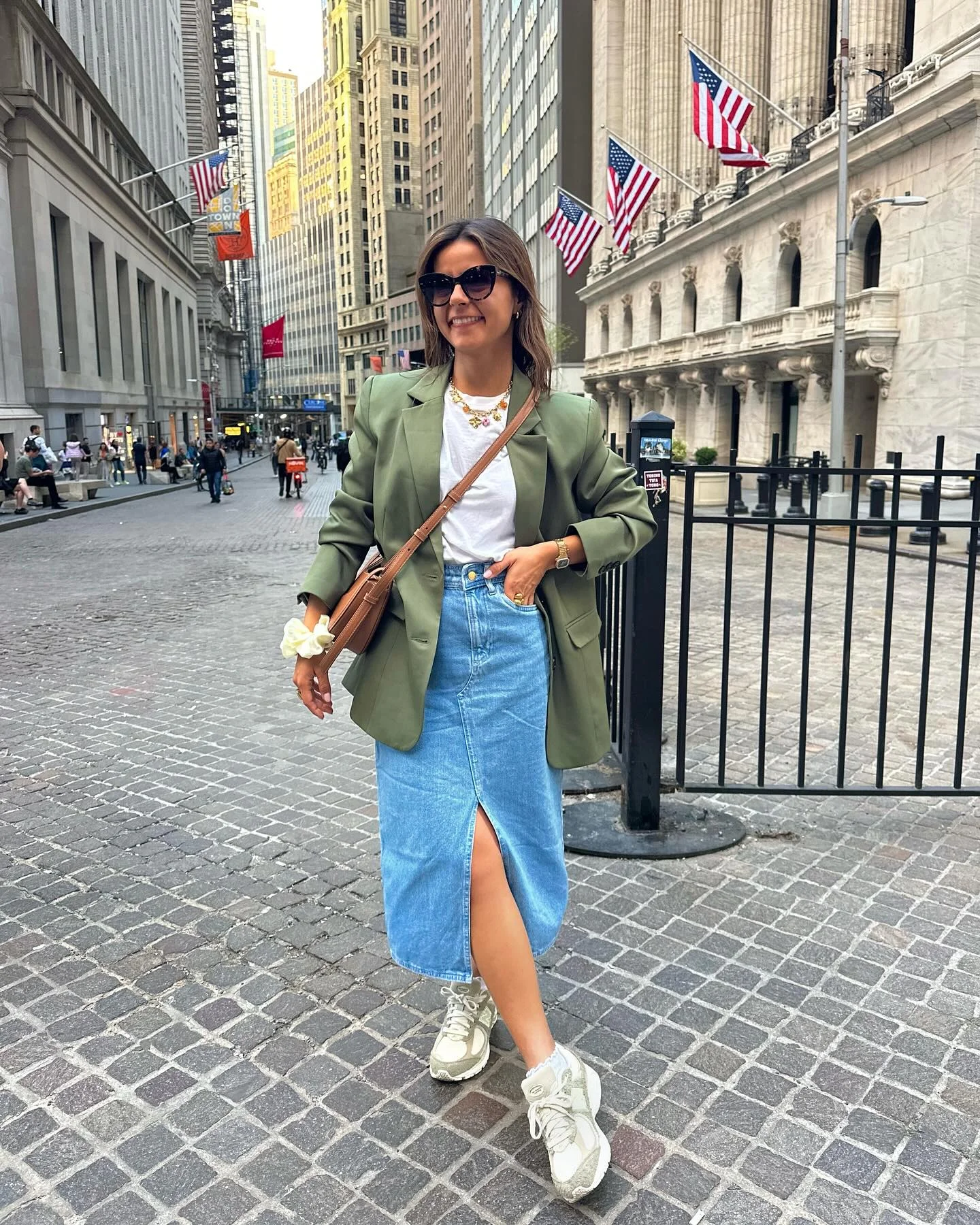 fall street style nyc outfits 2026 Olive Blazer And Denim Midi Skirt For Everyday City Confidence
