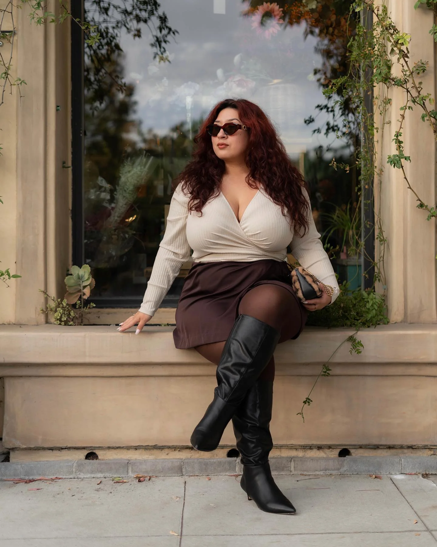 fall outfits for big busted women 2026 Chocolate Mini Skirt Styled With Sleek Knee High Boots