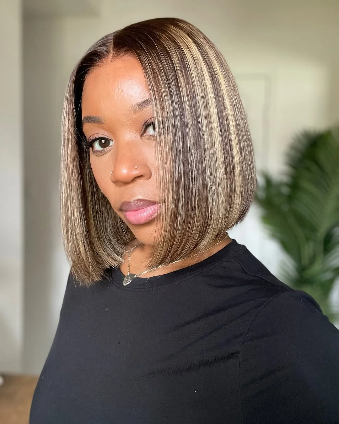 bob hairstyles for black women Glossy Blunt Bob With Soft Honey Highlights
