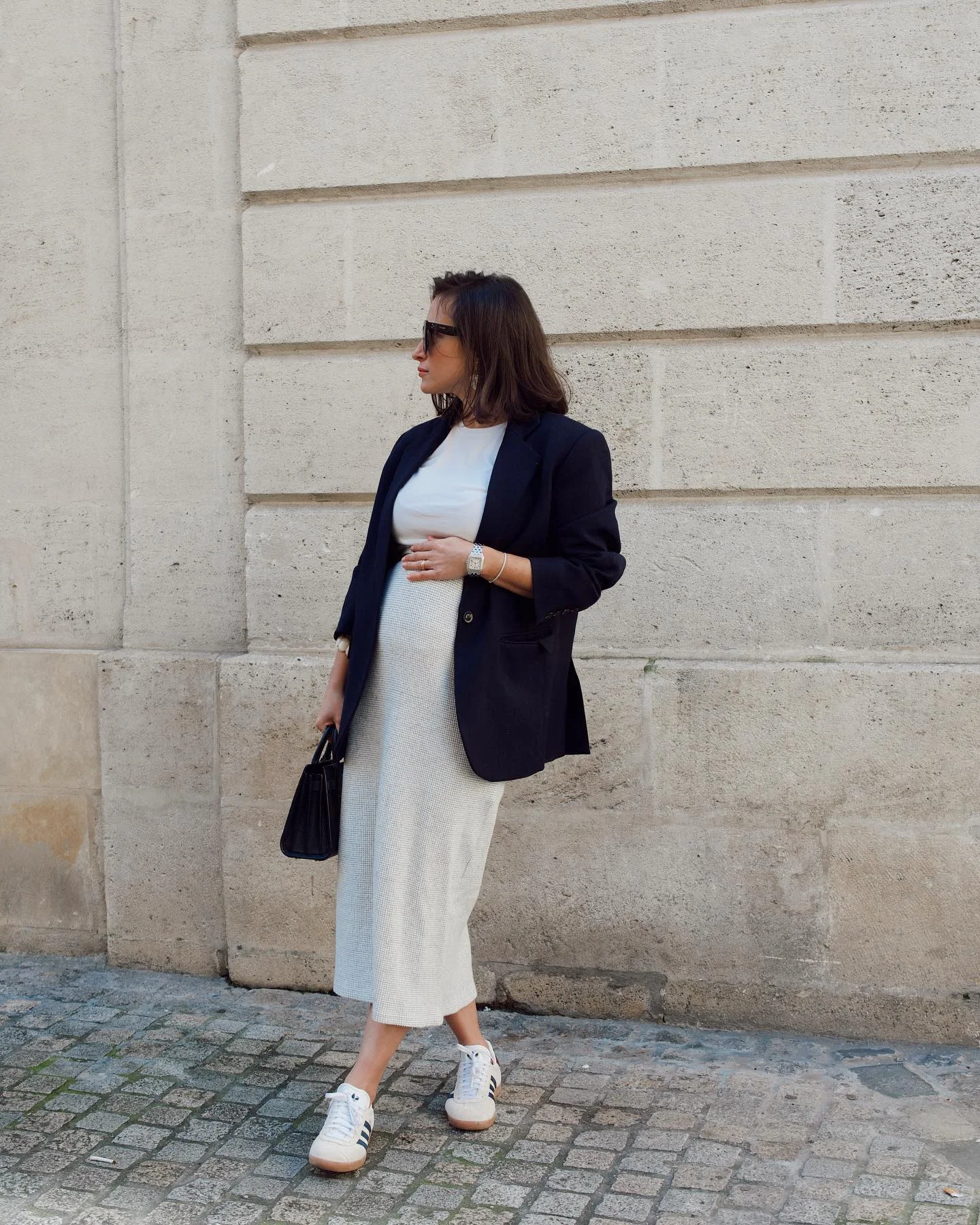 comfy pregnancy outfits for fall 2026 Minimalist Knit Dress With An Oversized Blazer