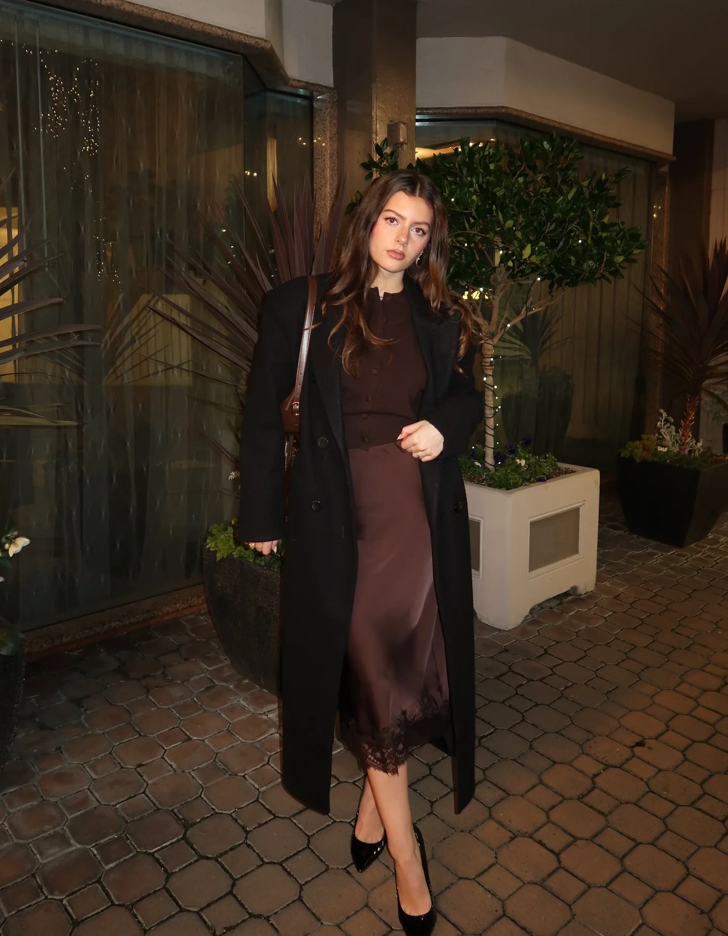 fall date night outfits for women 2026 Chocolate Satin Elegance With A Timeless Black Coat