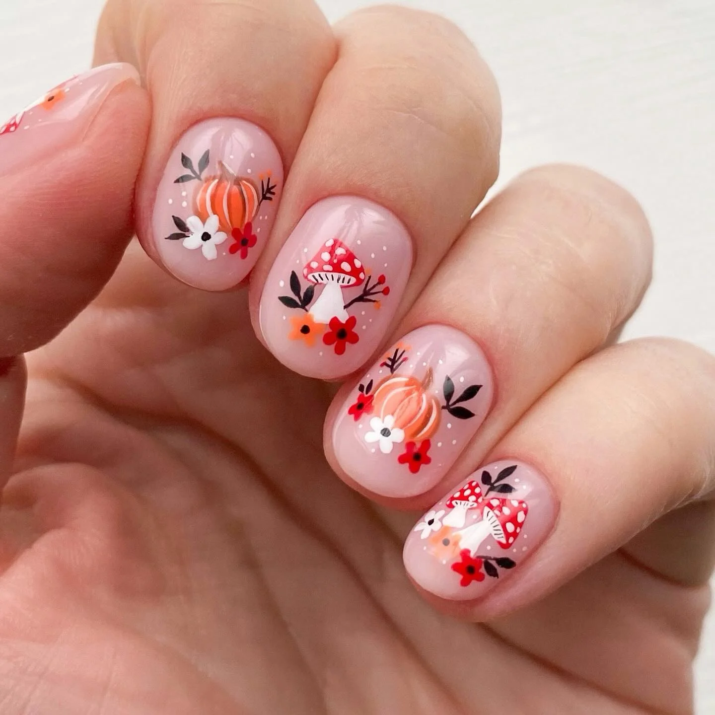 fall nail art 2026 Whimsical Forest Pumpkin And Mushroom Nails