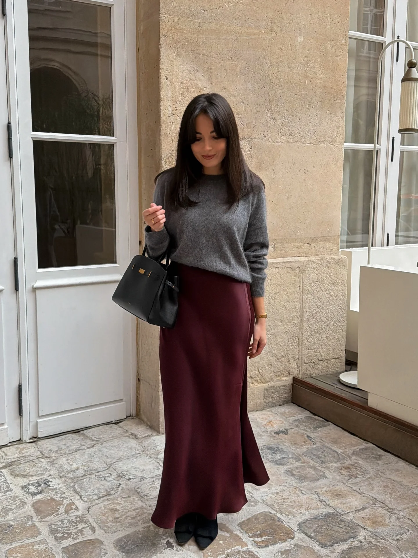 nice fall outfits for dinner 2026 Soft Knit And Burgundy Satin For An Effortless Dinner Look