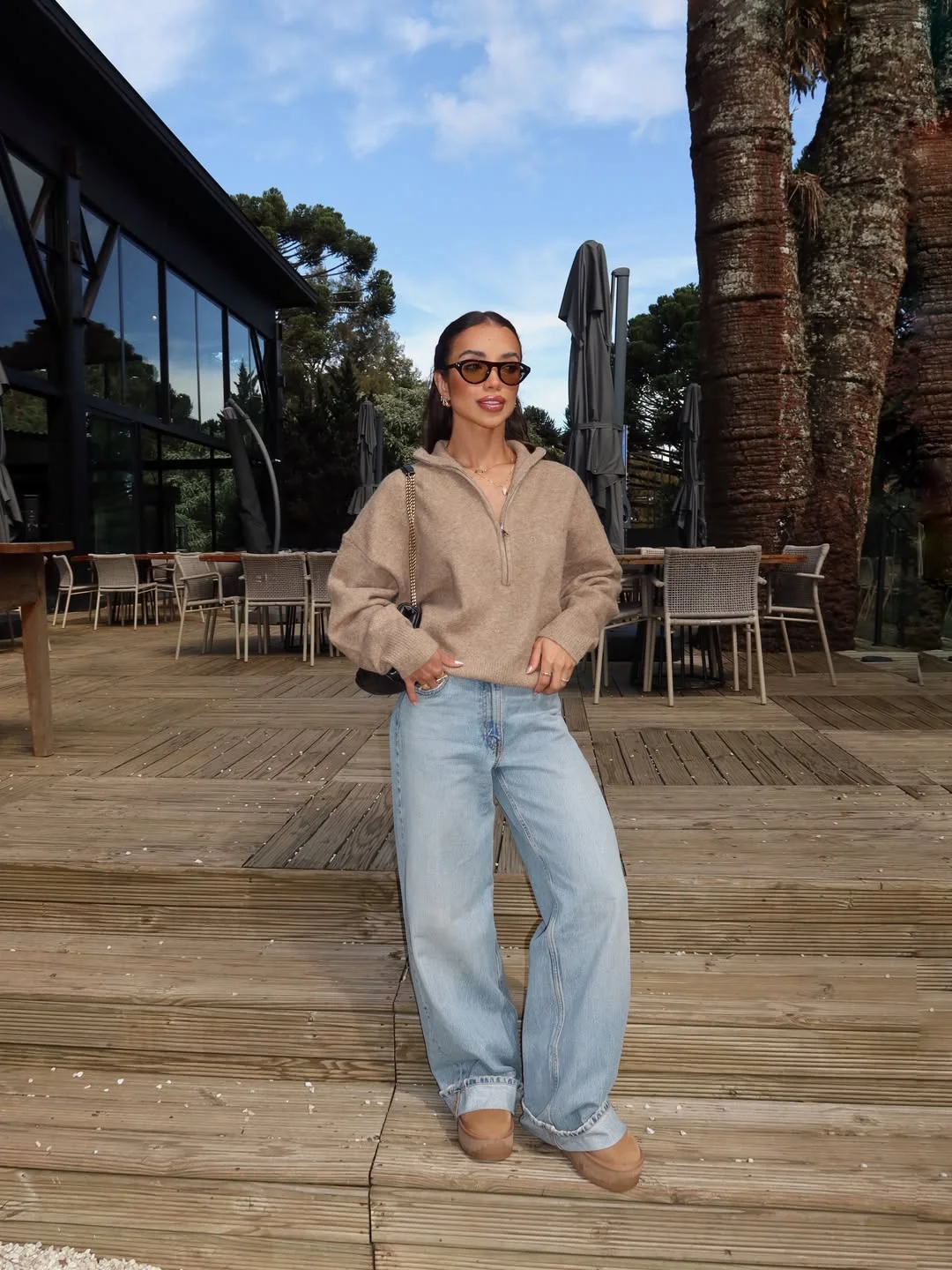 simple casual fall outfits 2026 Cozy Half-Zip Knit With Relaxed Light Wash Denim